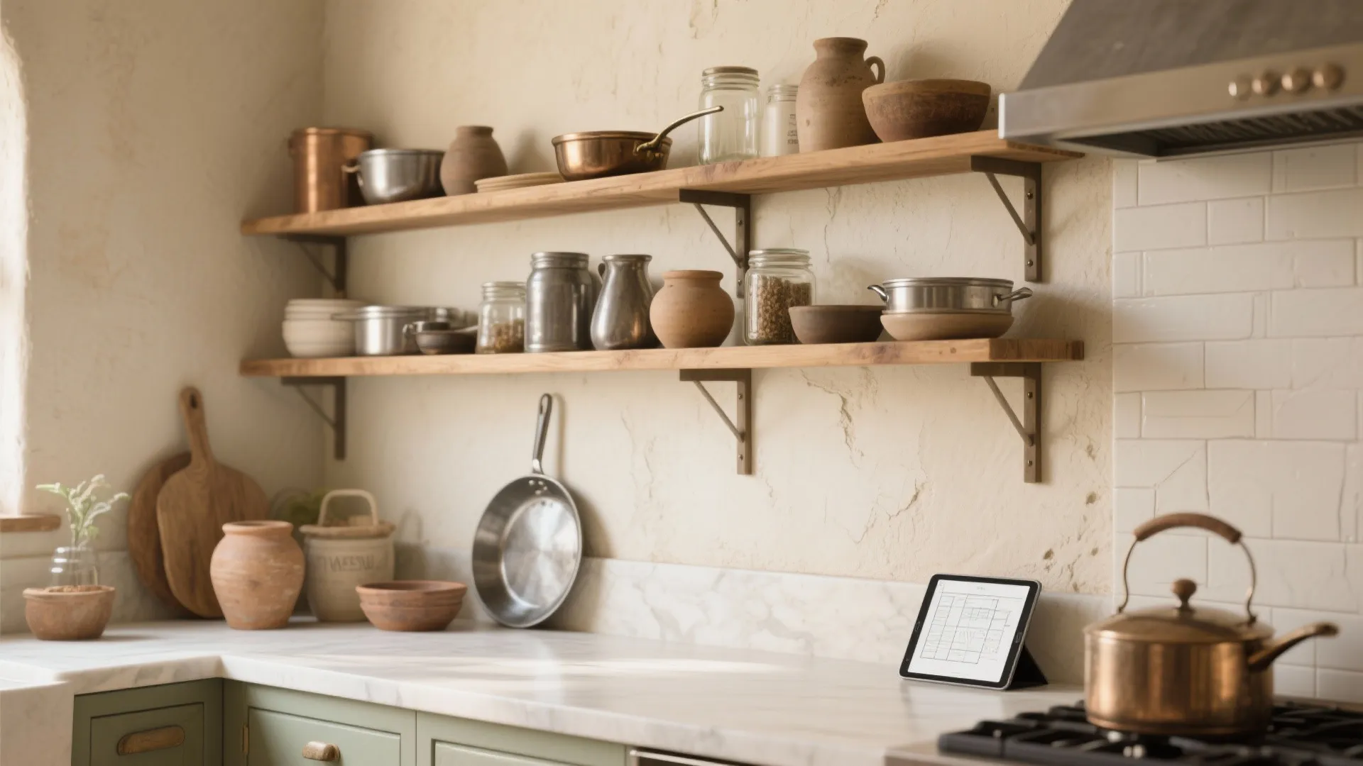 Rustic kitchen with marble counter wooden wall shelves containing jars pots and a digital tablet display