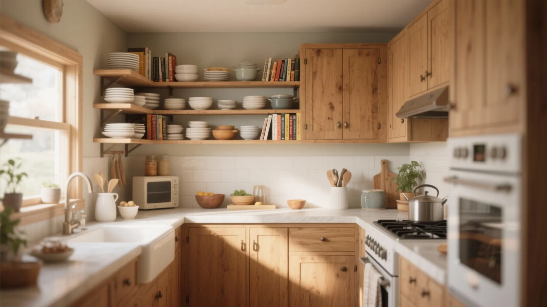 Cozy kitchen design featuring wooden cabinets open wall shelves with books plates and white stove