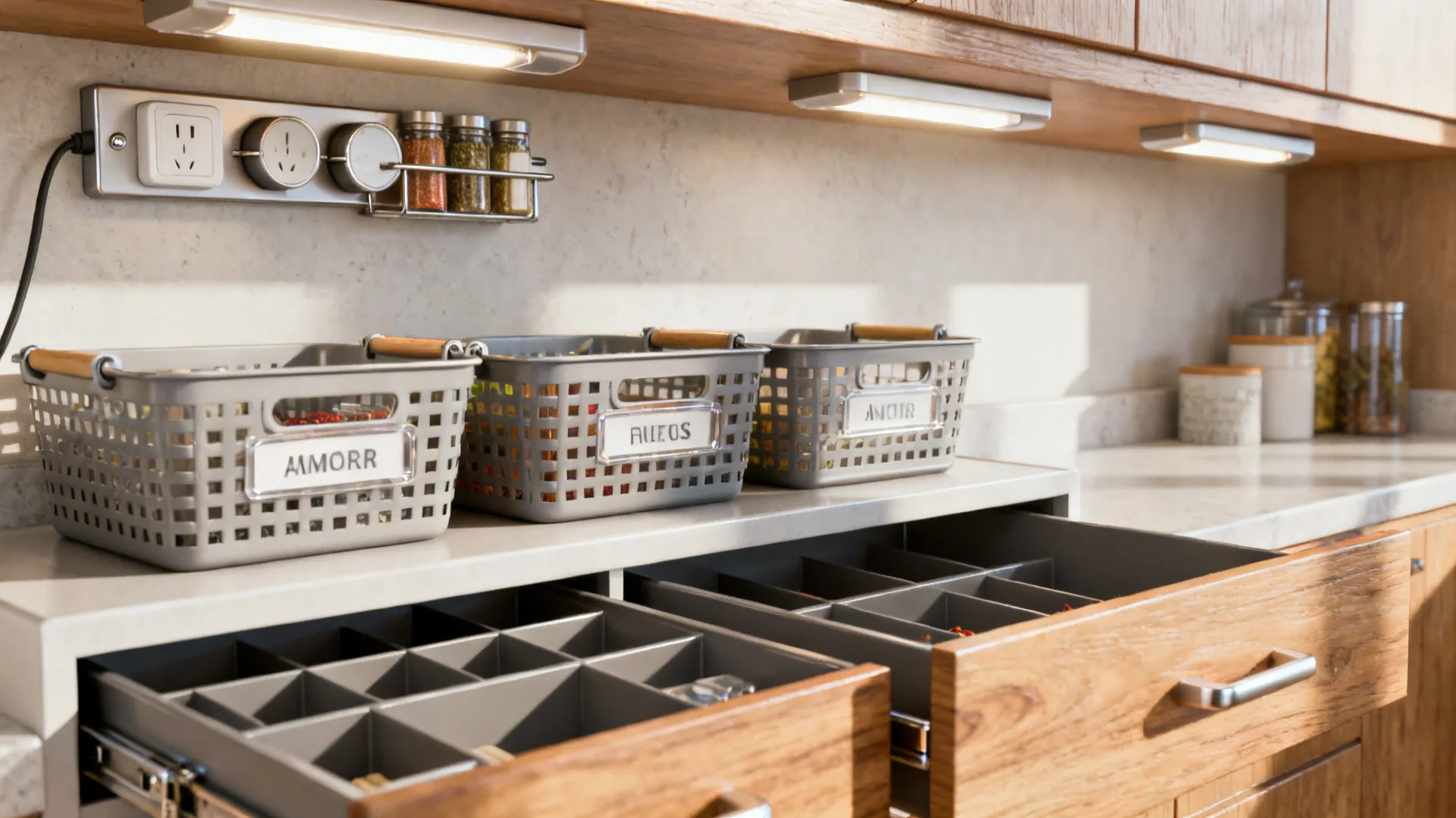 Close-up of labeled baskets, pullout drawers, and magnetic spice rack demonstrating smart small-kitchen organization.
