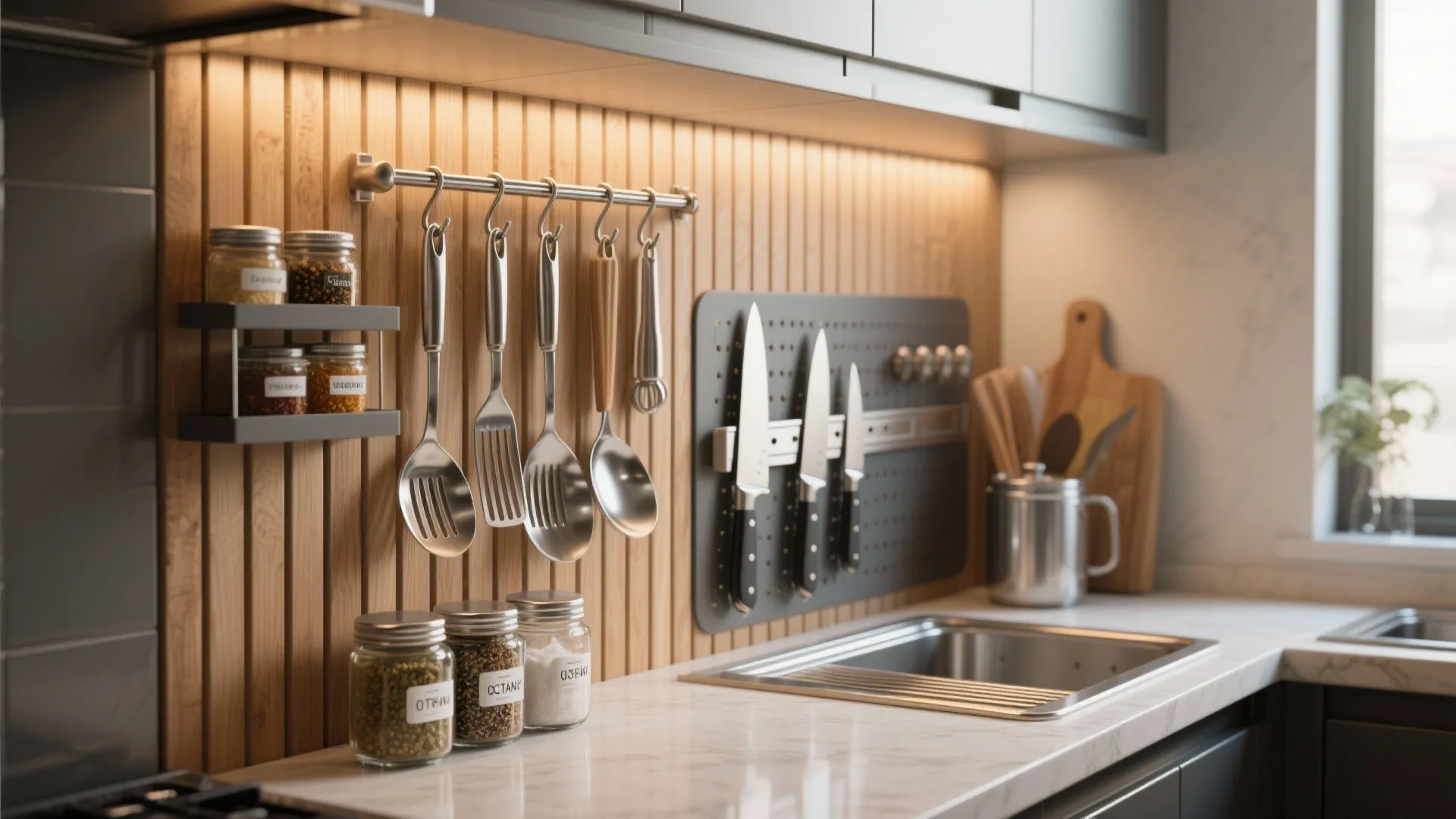 Modern kitchen counter with spice jars utensils on wall rack knives on magnetic board sink