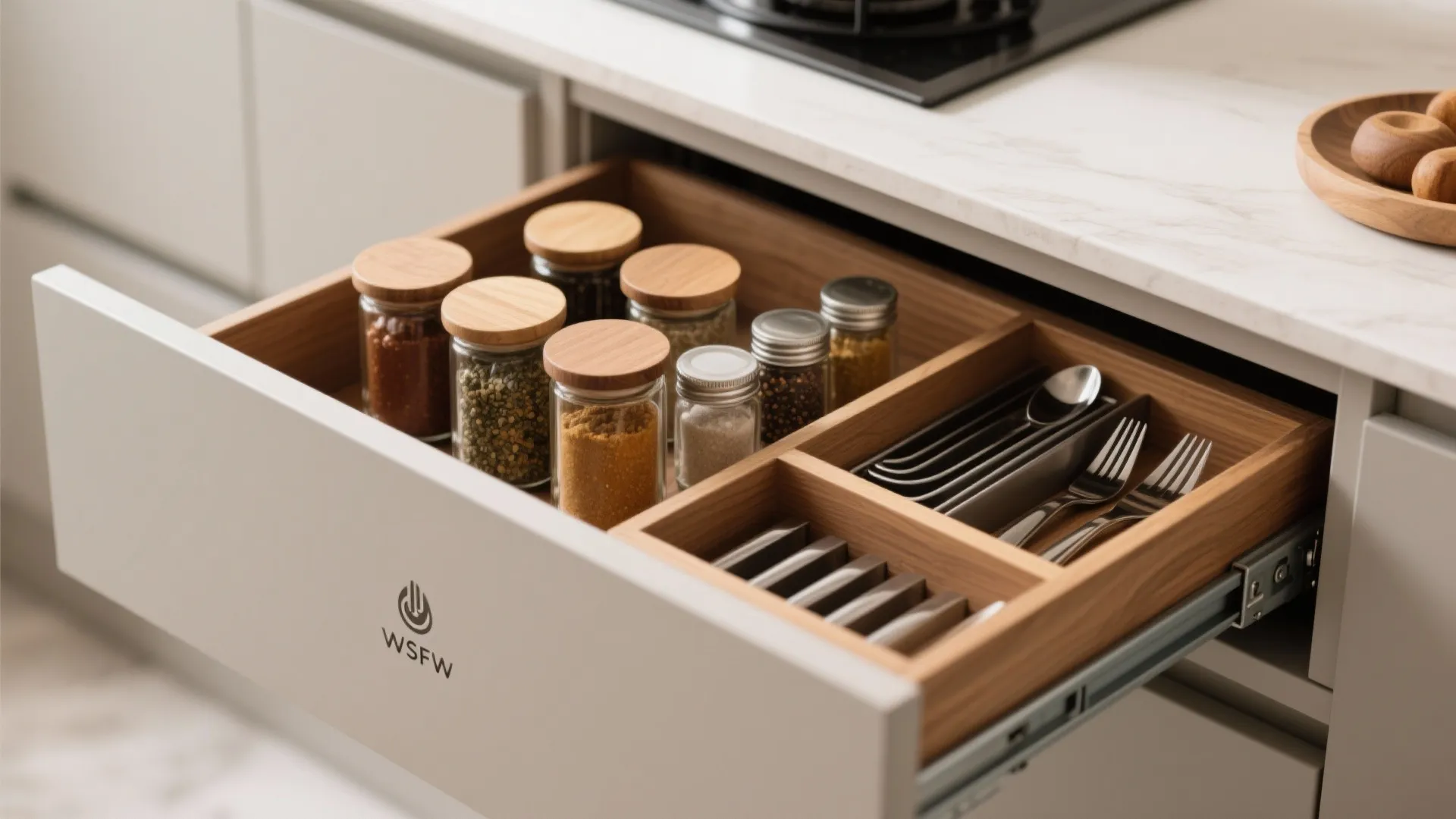 Open kitchen drawer with wooden organizers holding glass spice jars and silver forks and spoons