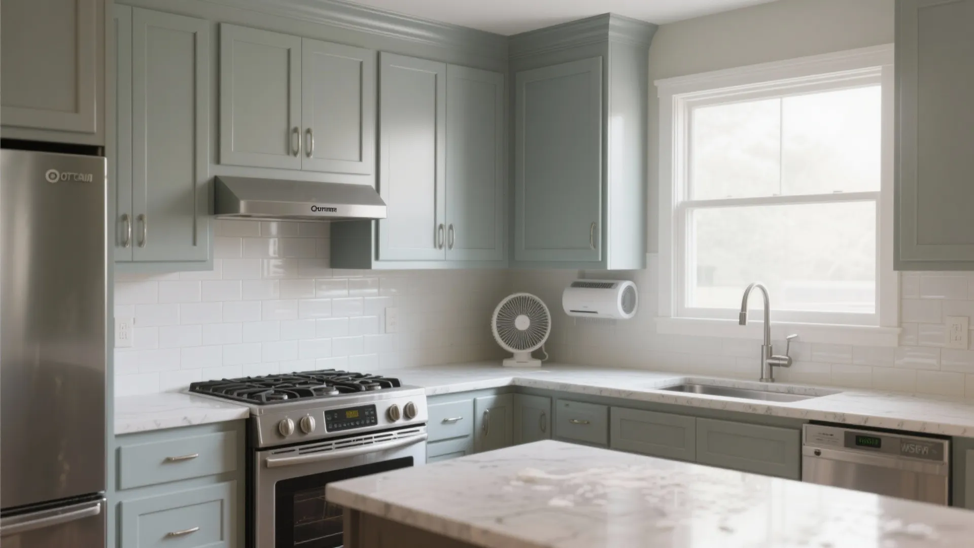 Modern kitchen with green cabinets white tile backsplash marble countertop gas stove and a large window