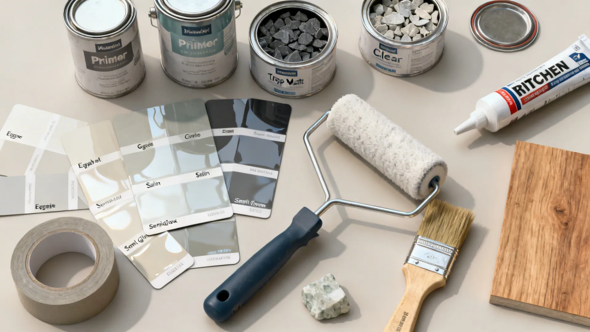 Flatlay of paint swatches by sheen, primer, topcoat, brushes, tape, and material samples.