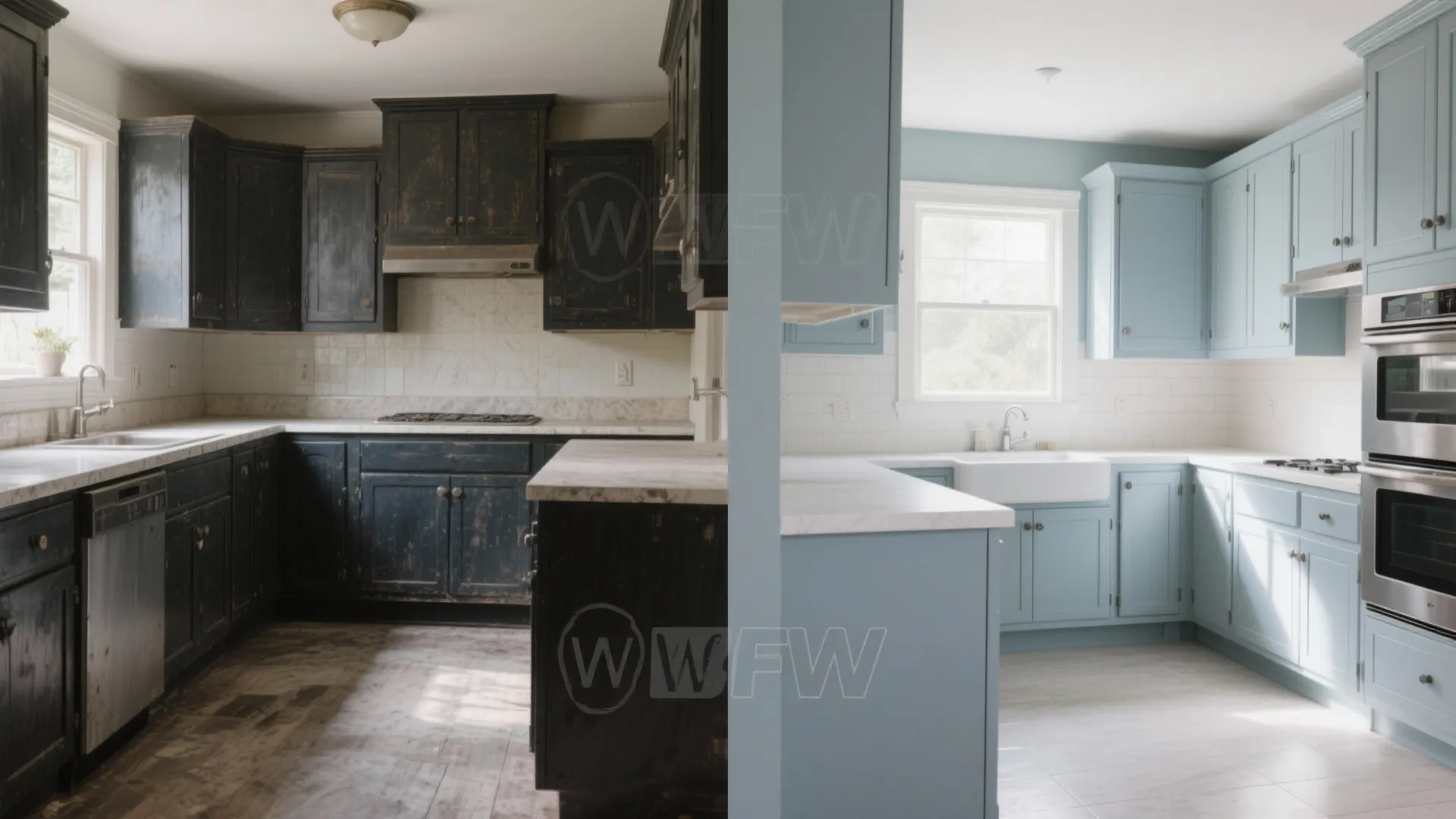 Before and after comparison of old dark kitchen cabinets versus fresh light blue cabinet paint