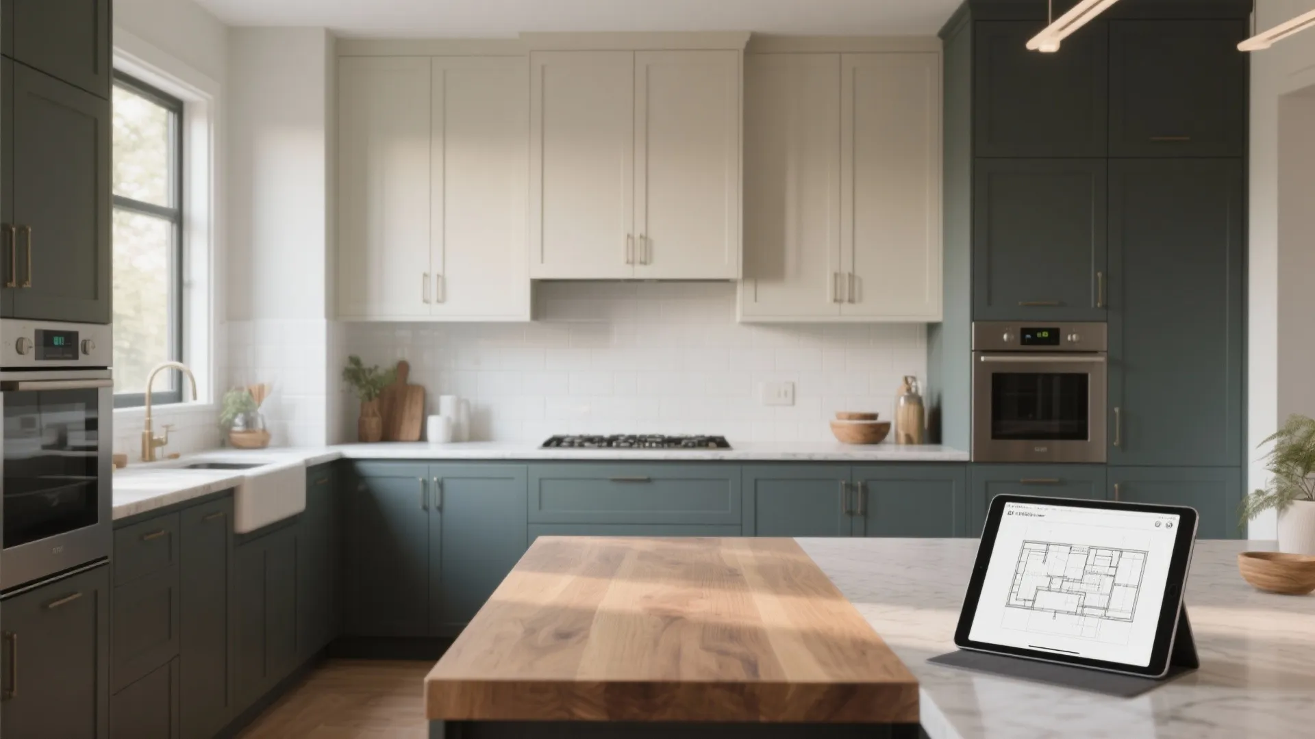 Modern kitchen with green cabinets and a tablet showing a floor plan on the island