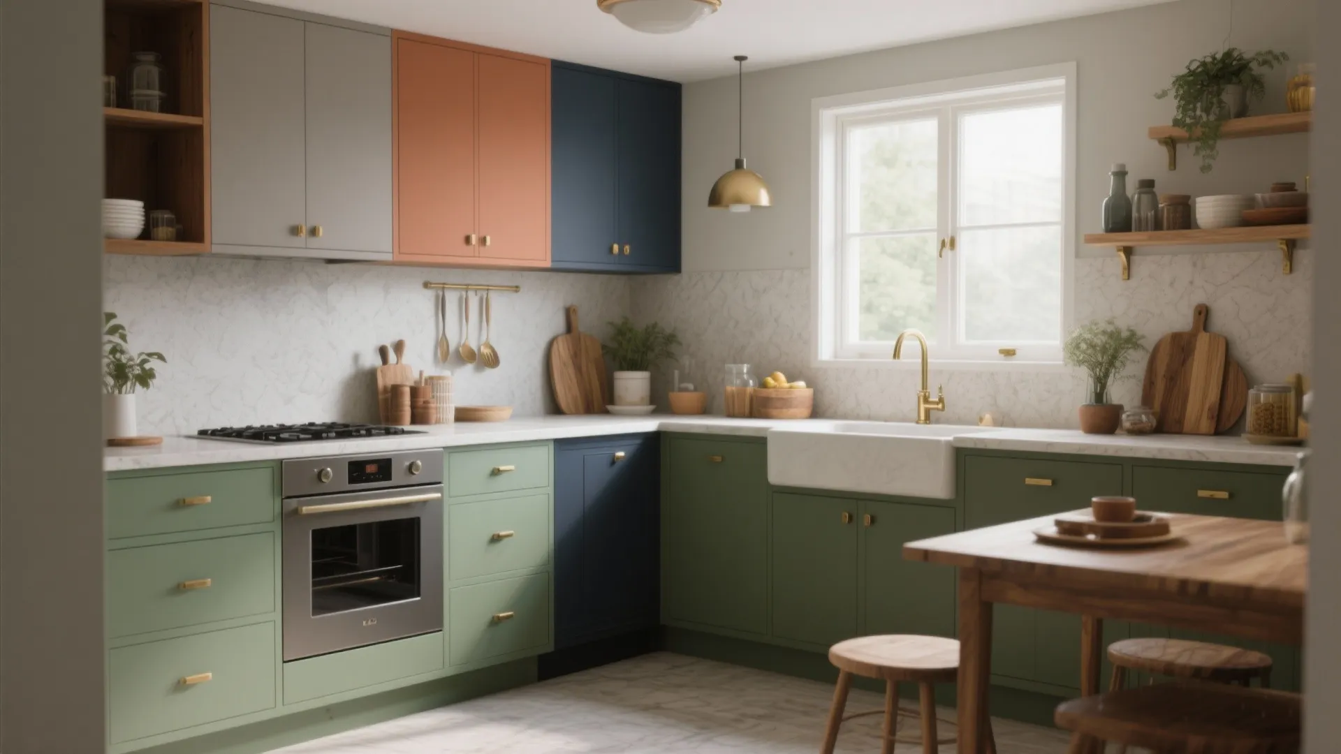 Colorful kitchen with green and blue cabinets orange wall storage and a wooden dining table