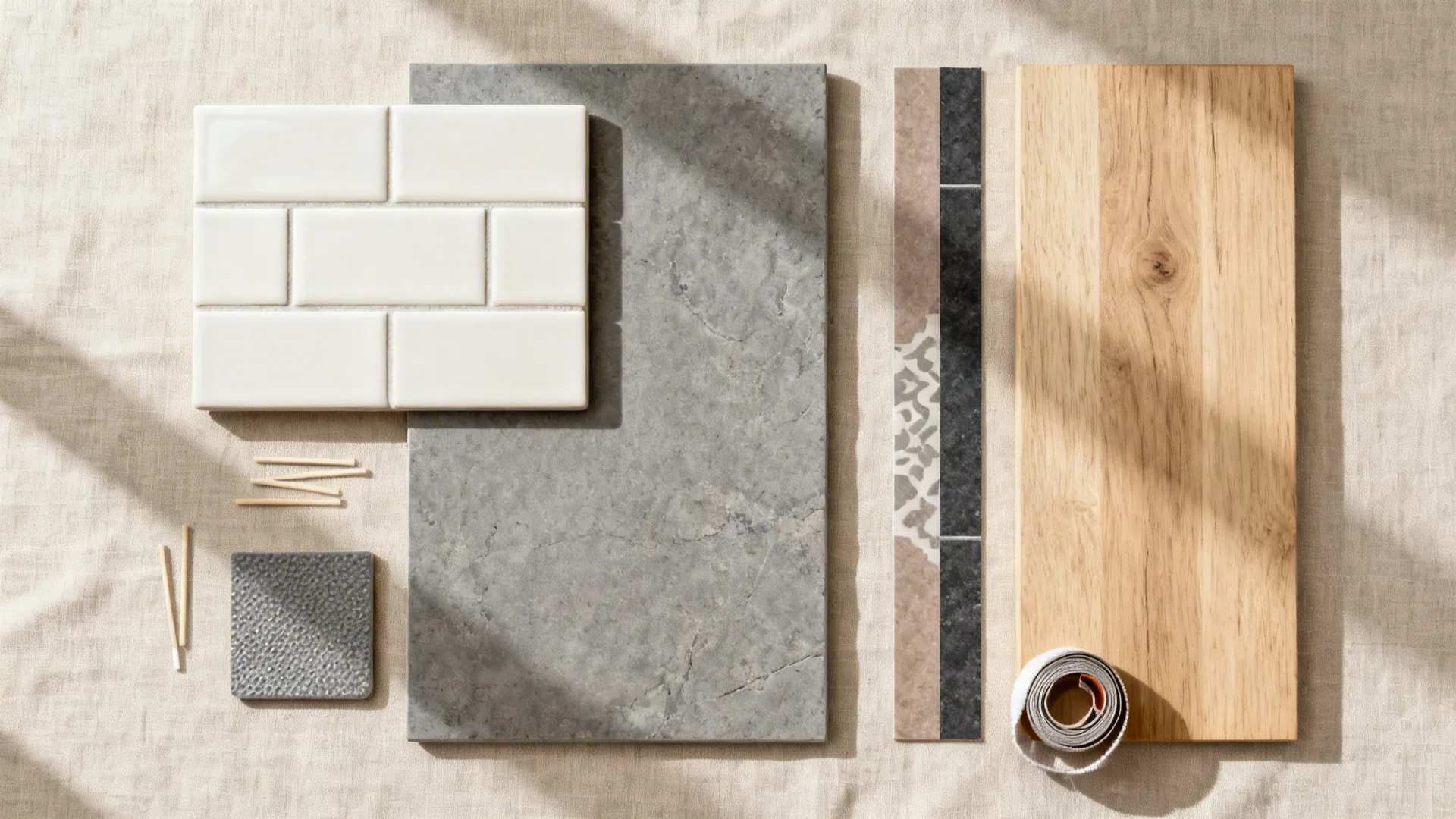Top-down material palette with subway ceramic, stone-look, patterned strip, wood-look, and matte slip-resistant tiles.