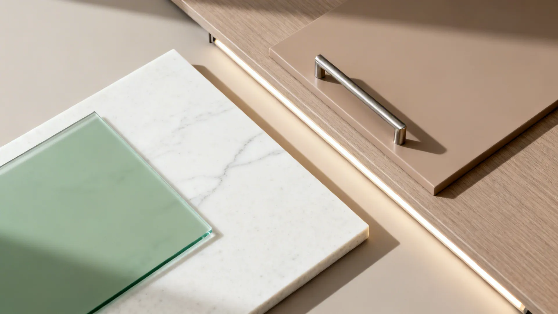 Material samples including white marble tile green glass and brown cabinet door with silver handle