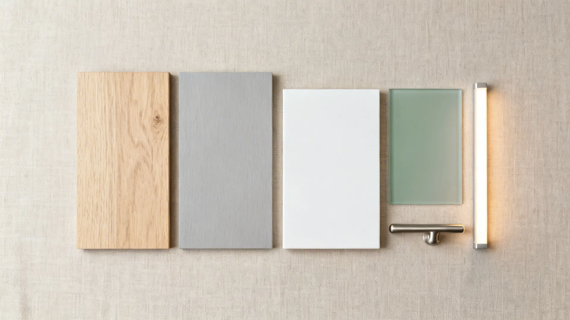 Flat lay of pale oak, matte gray laminate, white solid surface, and soft green-gray glass.