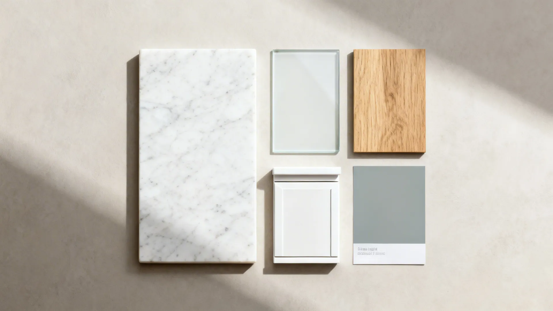 Flat lay of white quartz, clear glass, matte white chip, spruce veneer, and gray paint swatch.