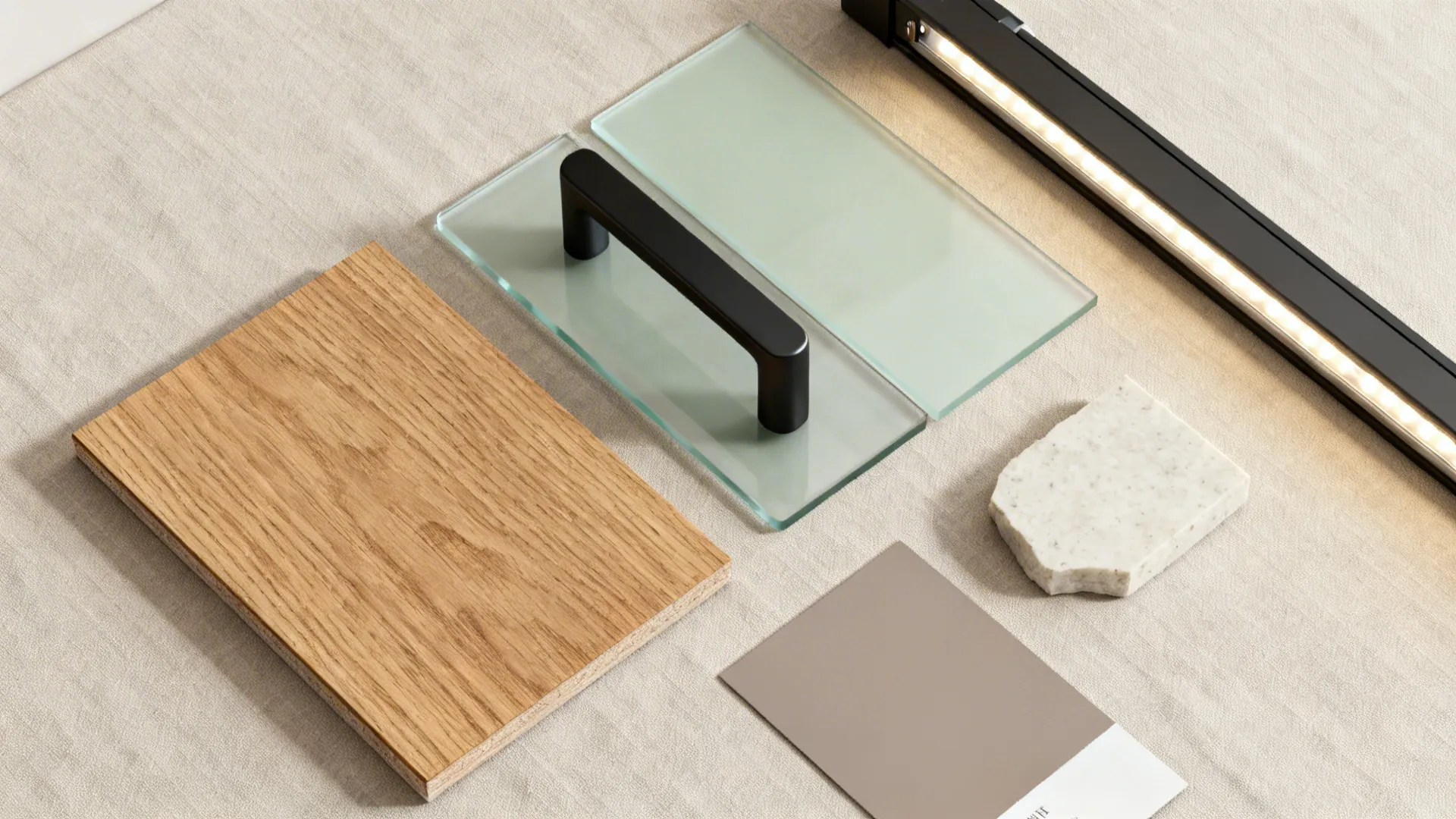 Flat lay of oak laminate, matte black handle, sage glass, and light quartz samples.