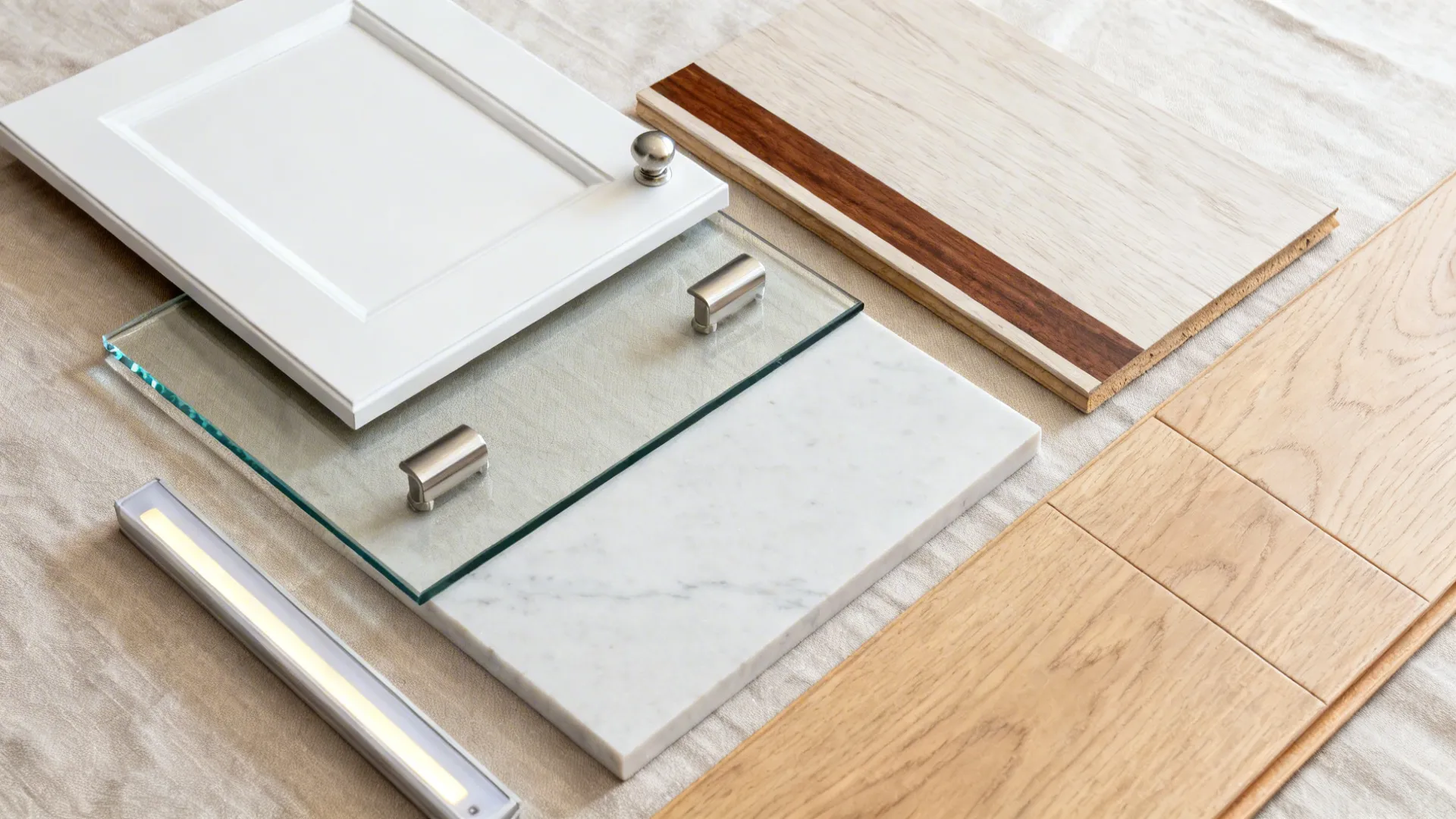 Flat lay of matte white cabinet, low-iron glass sample, white-oak veneer, walnut trim, pale quartz, and LED diffuser.