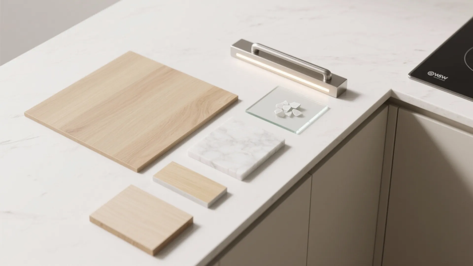 Kitchen material board with wood samples, marble tile, glass pieces, and metal handle on countertop