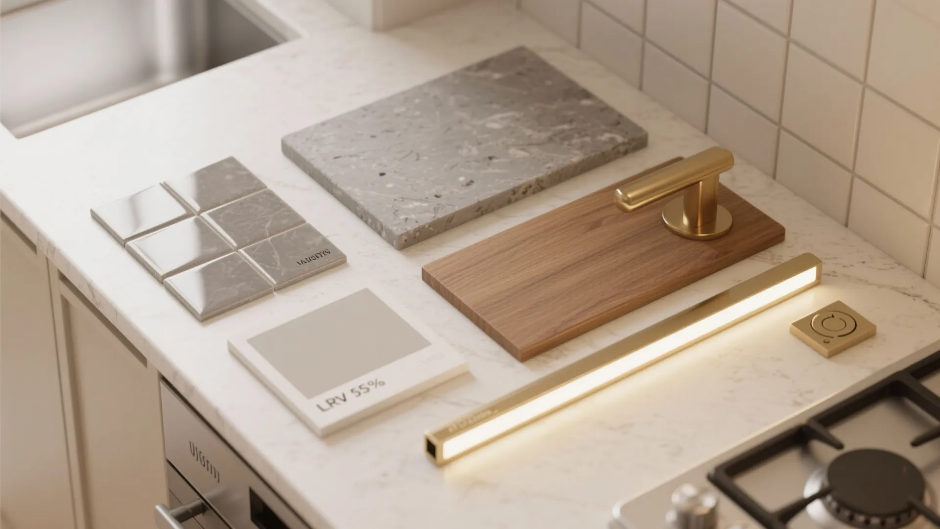 Kitchen material samples showing wood board grey tiles stone slab gold faucet and light fixture