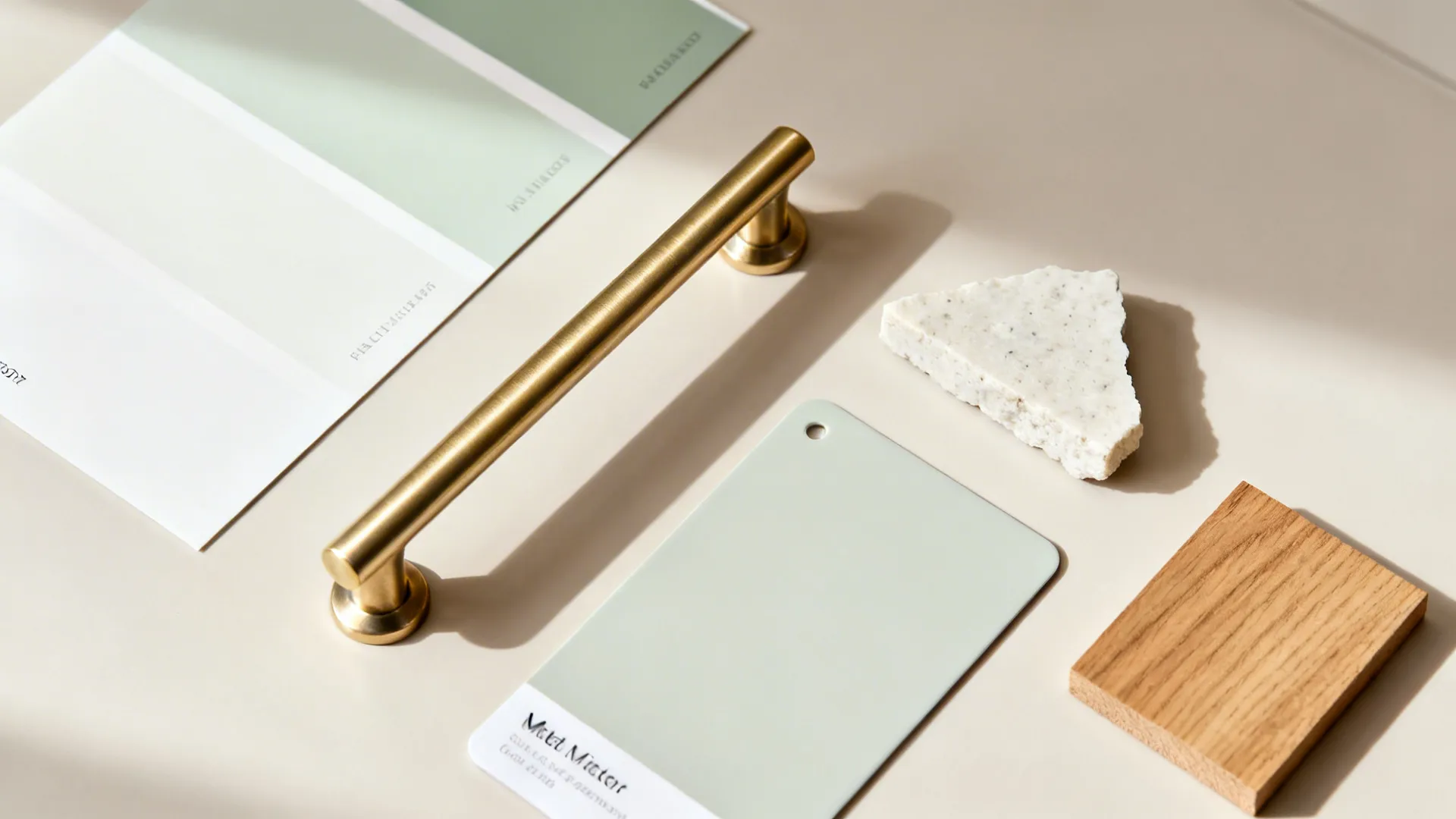 Top-down materials board with sage and white paint, brushed pull, quartz, and oak veneer.