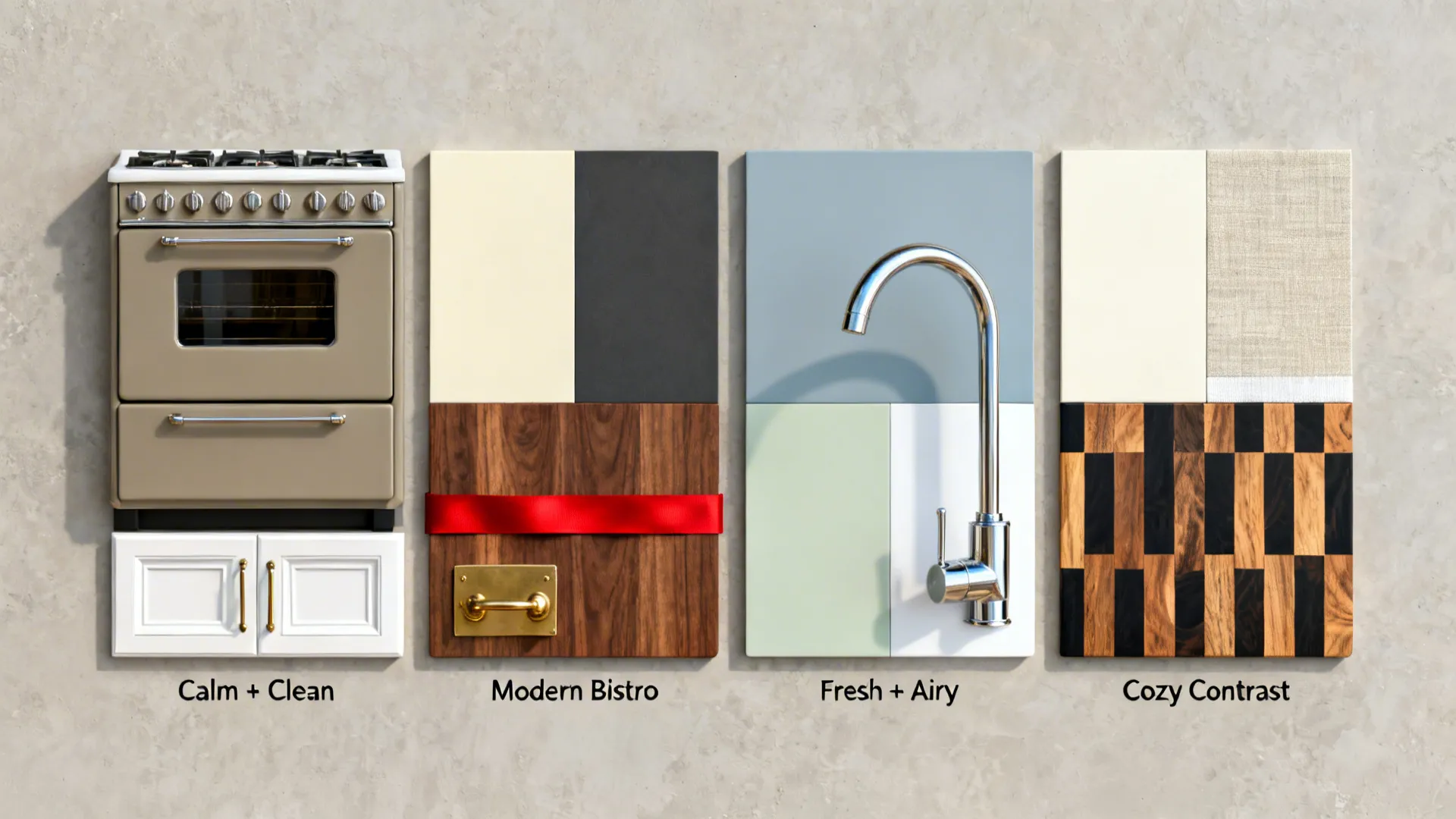 Flatlay of four kitchen palettes with paint chips, wood, metal, and fabric samples.