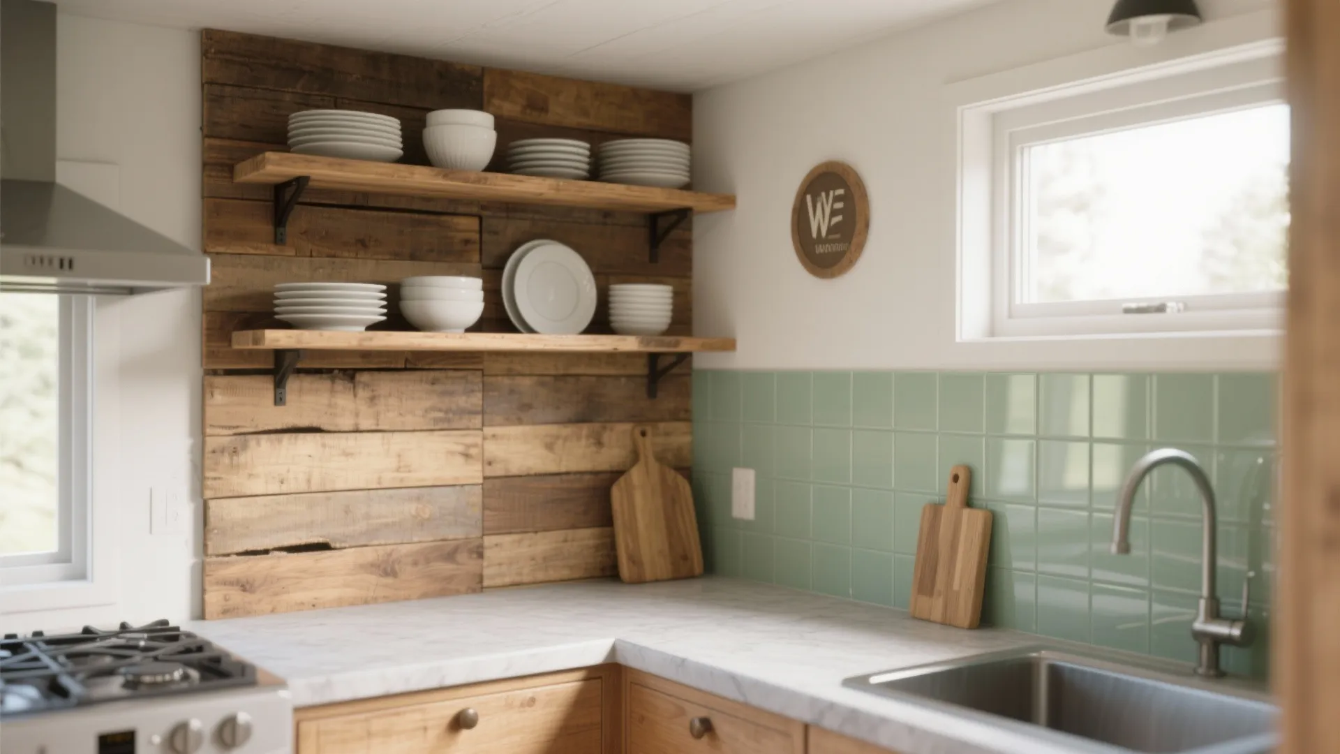 Kitchen-Safe Pallet Backsplash and Open Shelves