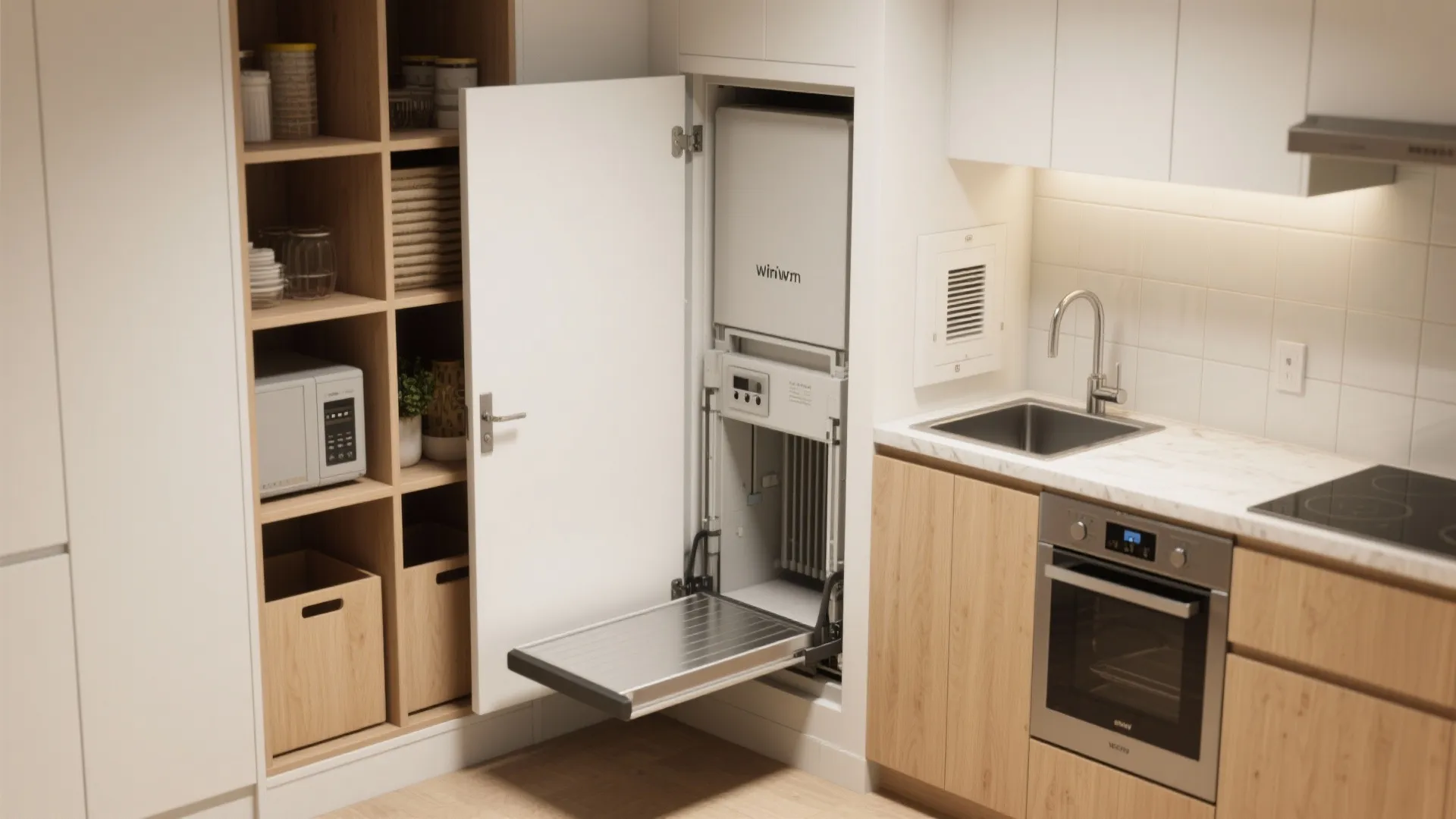Modern kitchen with white cabinet open showing pull down storage lift and wood pantry shelf