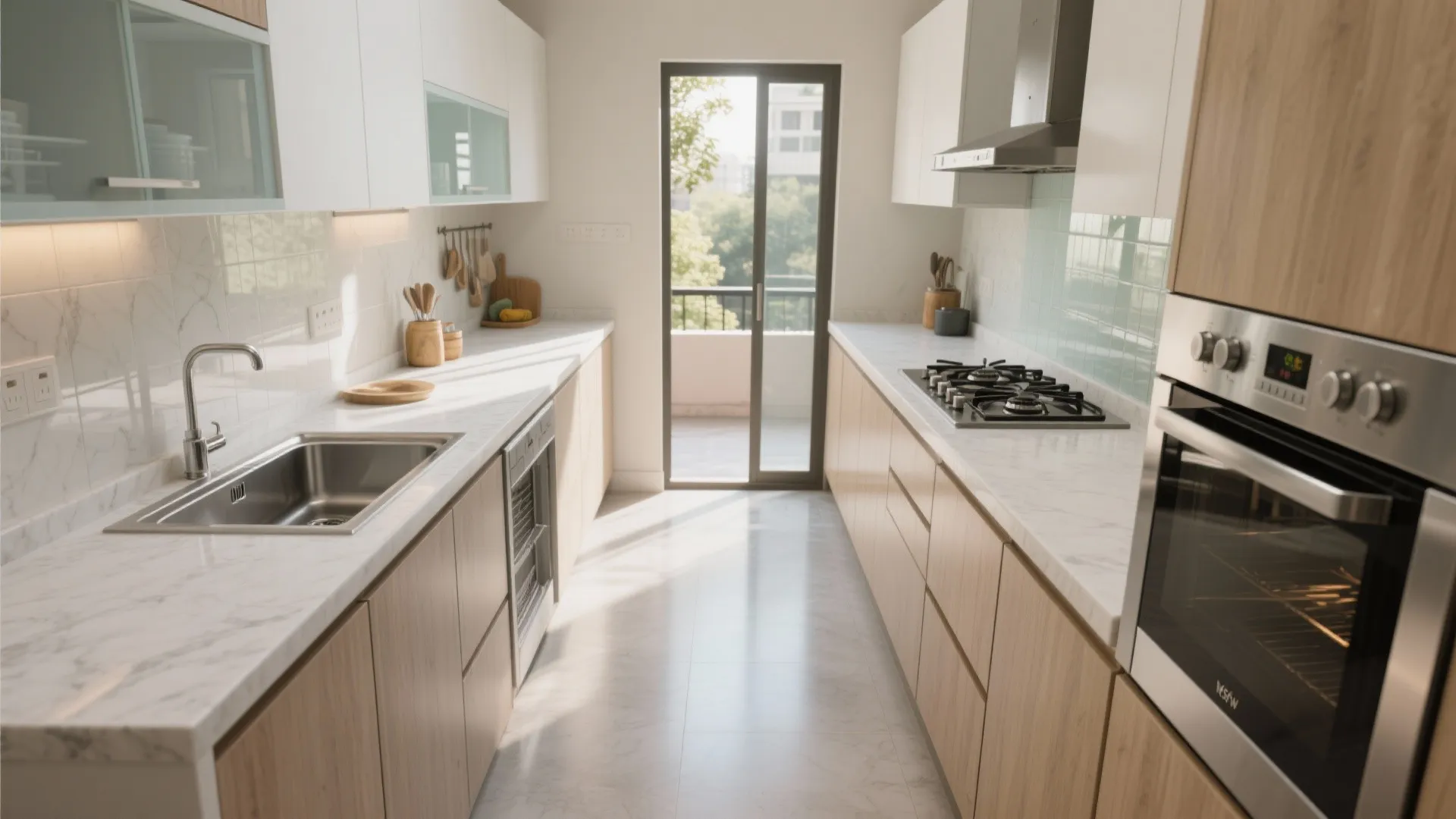 Utility-friendly parallel kitchen with a compact balcony