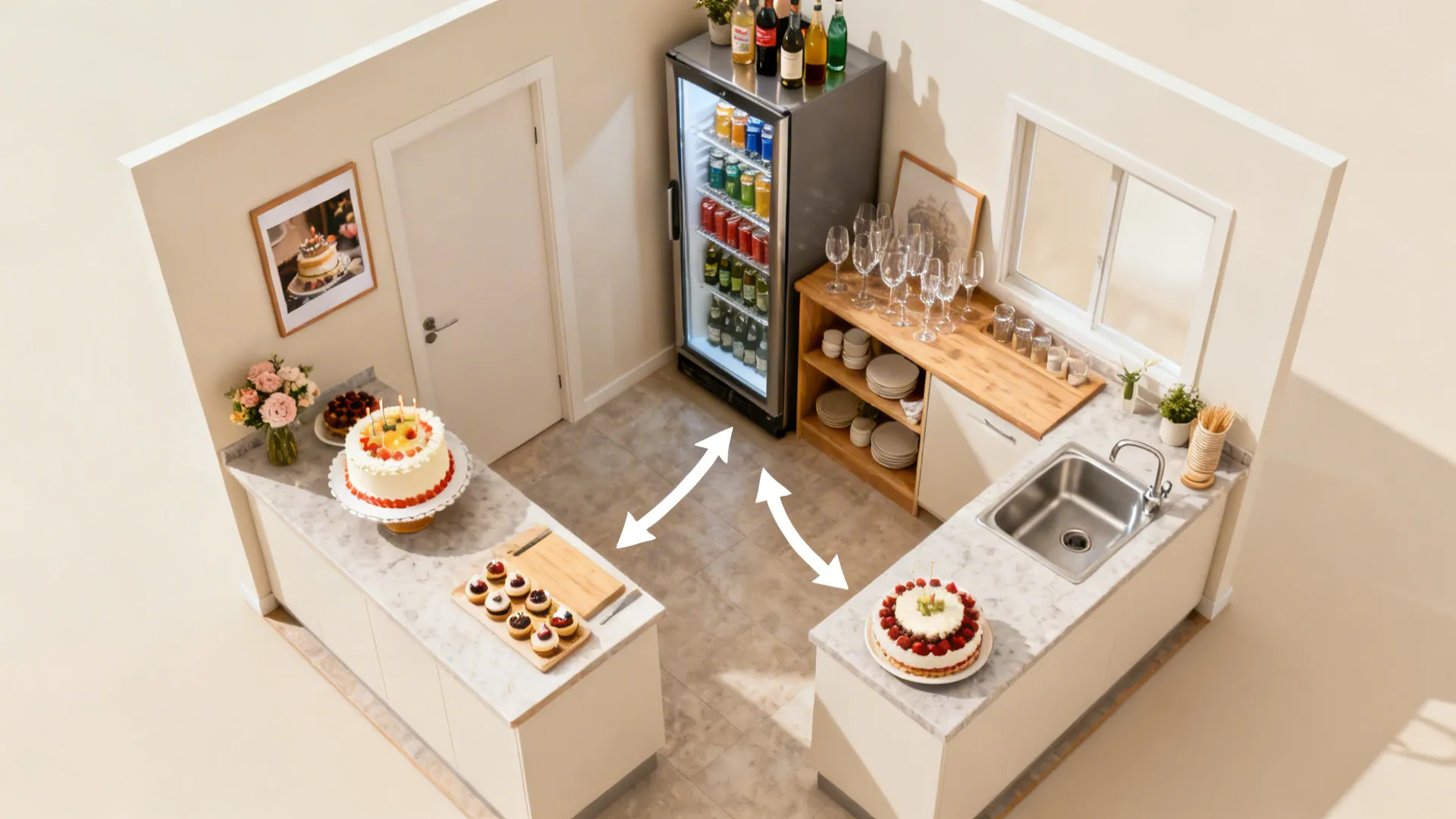Top-down plan of a small kitchen showing prep, beverage, and cake zones with implied movement paths.