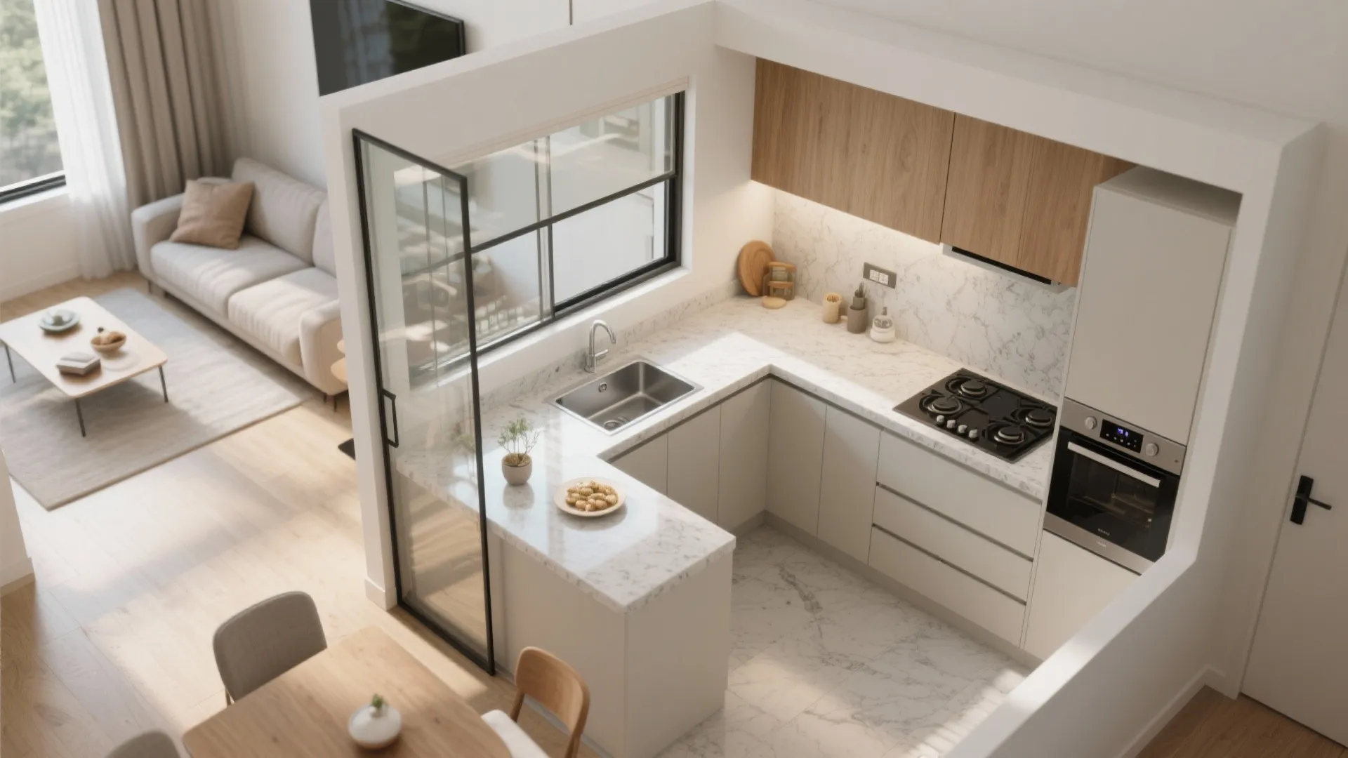 Modern small kitchen design with white marble counter wood cabinets black stove and open living area
