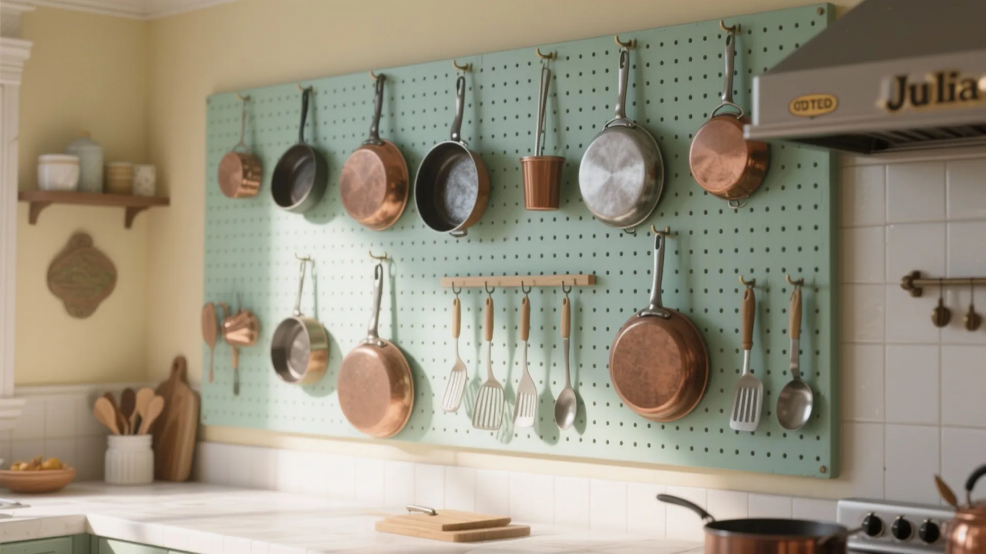 Light green wall pegboard holding copper pots pans and cooking tools above a white counter