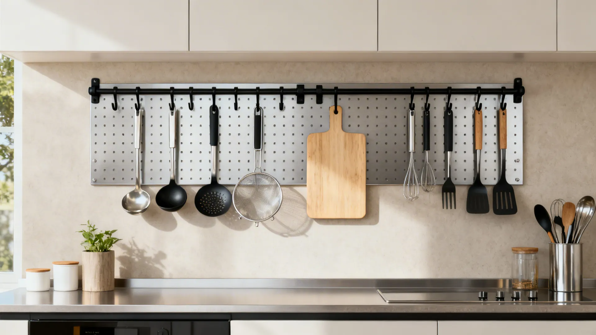 Sealed metal pegboard with curated kitchen tools arranged by task over a compact counter.