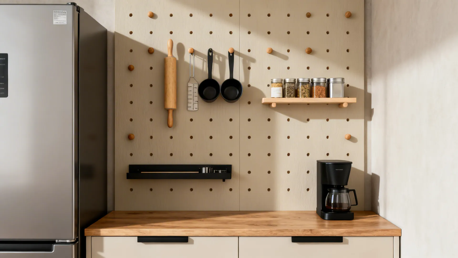 Neutral-toned kitchen pegboard with wooden pegs organizing baking tools and a slim spice shelf.