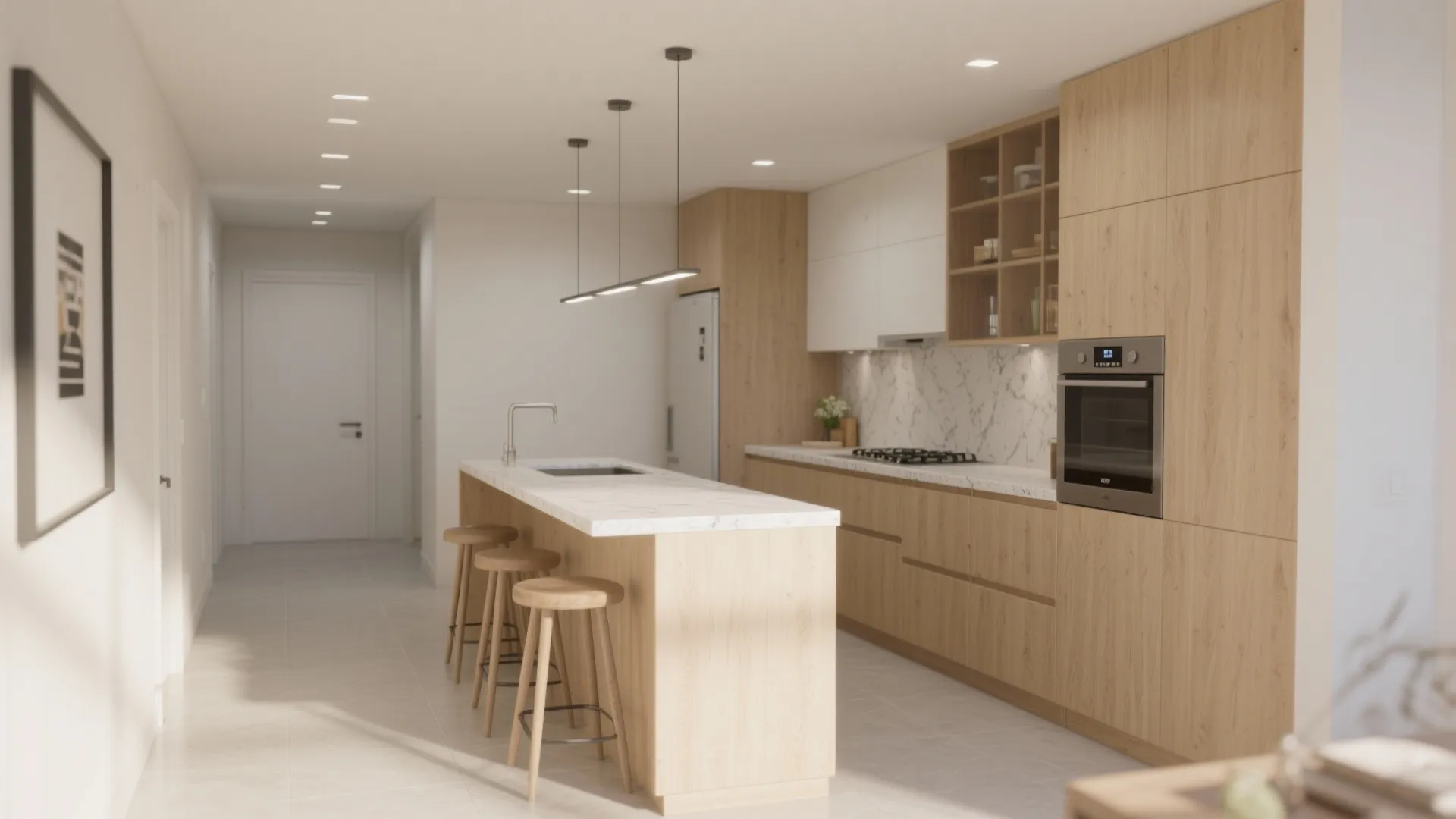 Modern wood kitchen with marble island stools light fixtures oven and white cabinets in bright room