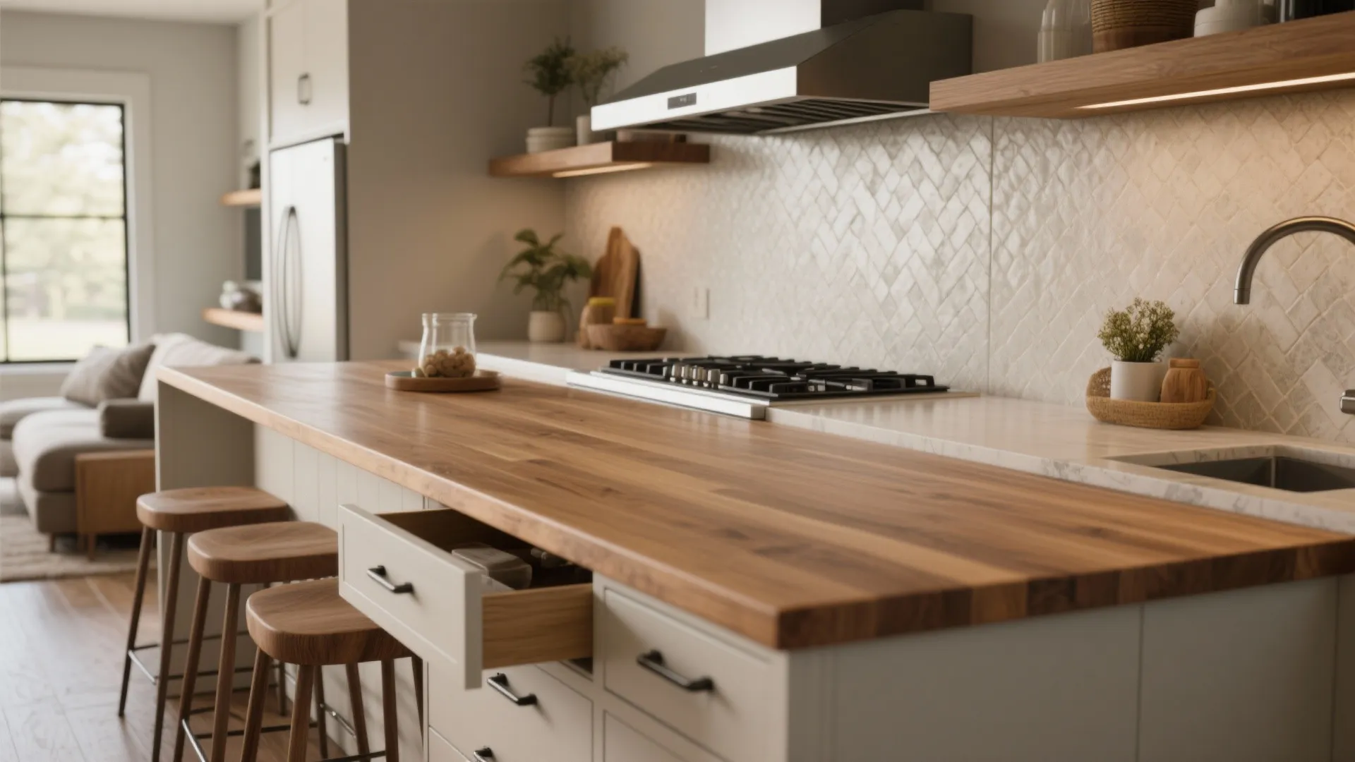 1. Open Living Flow with Compact Kitchen