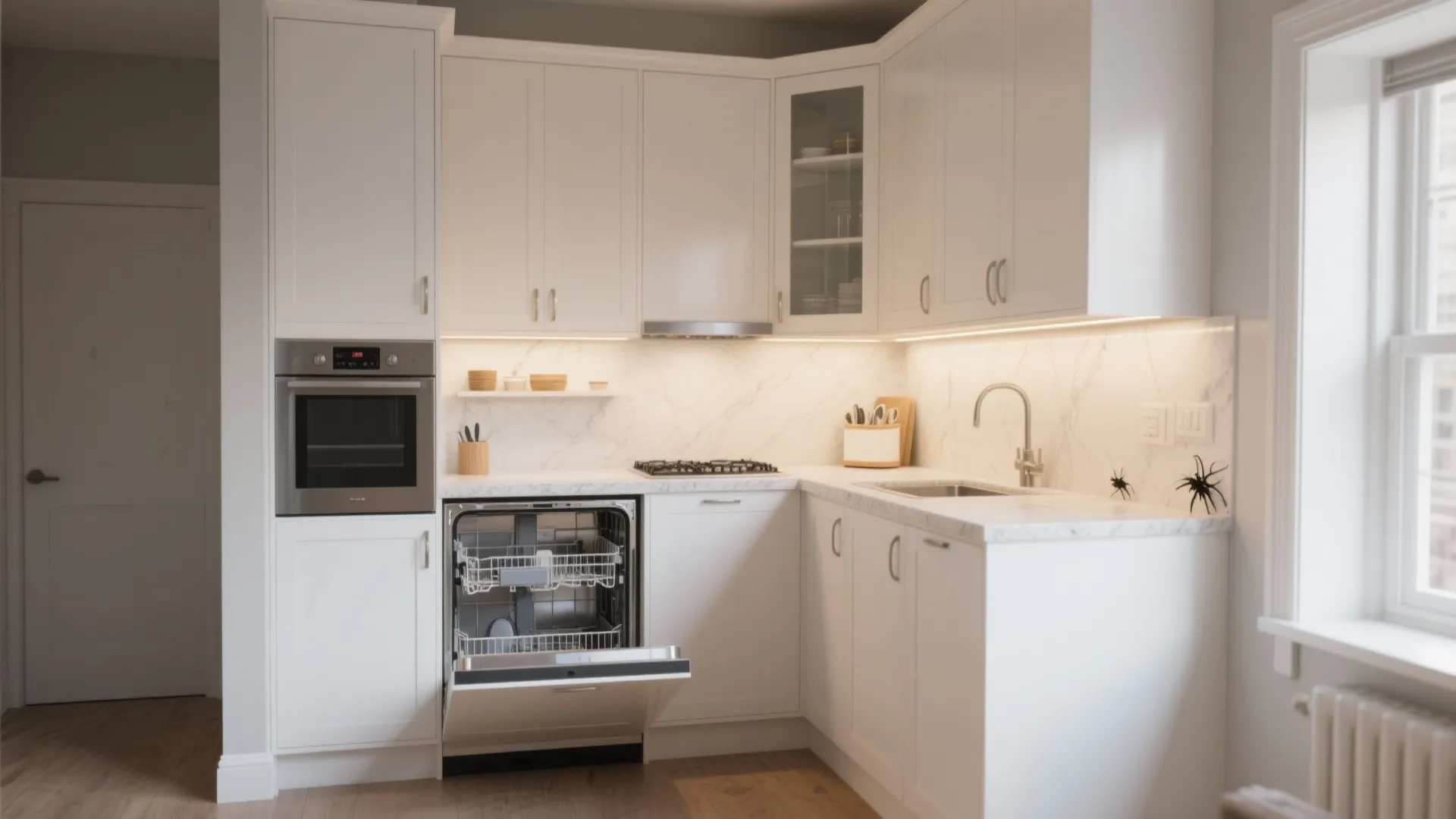 Modern white kitchen with cabinets open dishwasher oven marble wall light under cabinet and wood floor