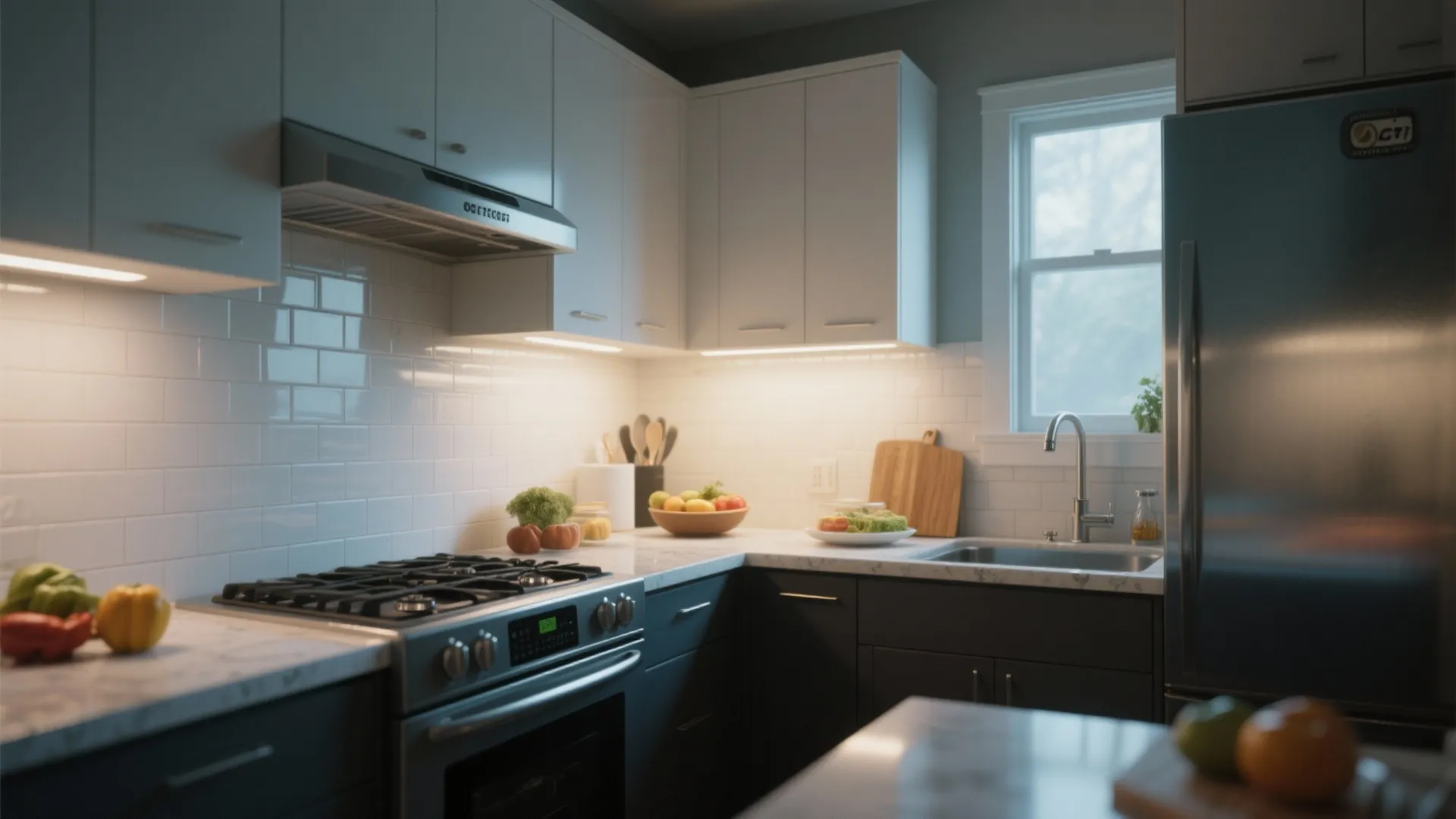 Modern kitchen with white cabinets dark lower units marble countertop under cabinet lighting and stainless steel