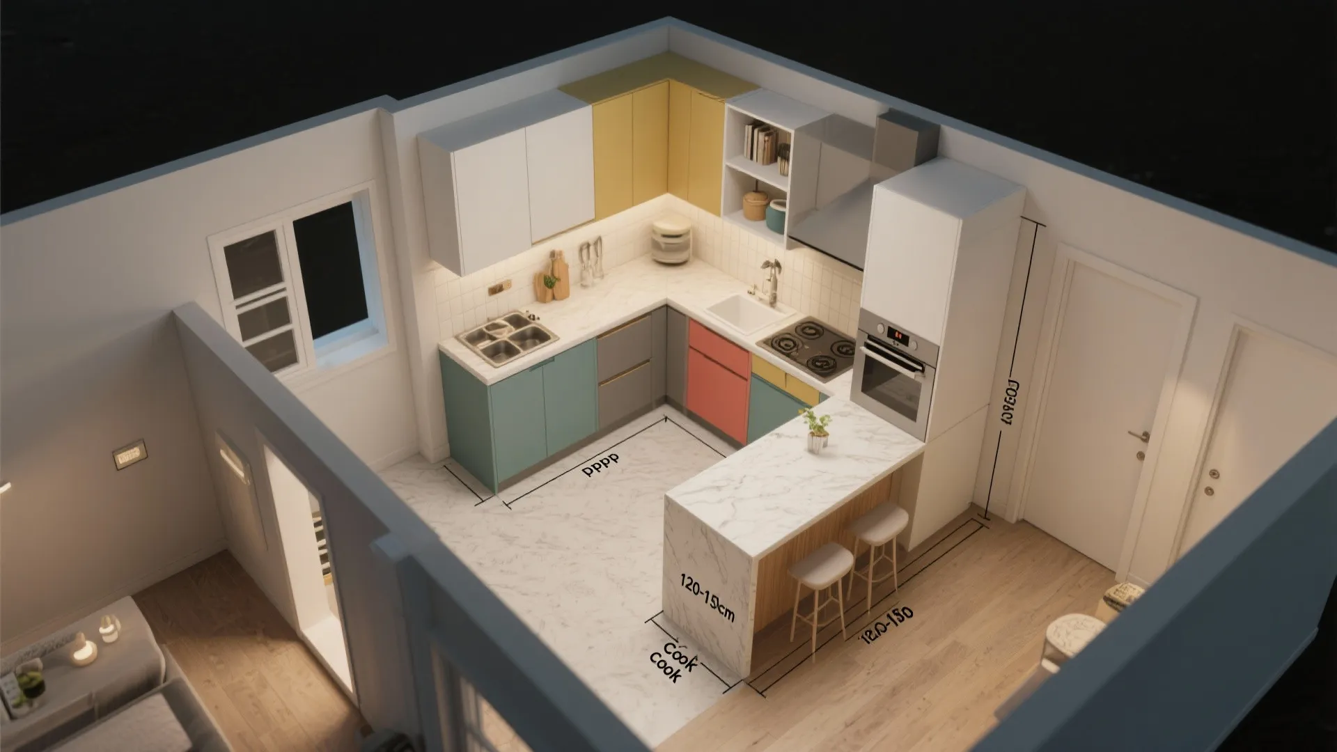 Three dimensional interior design drawing showing kitchen layout with measurements and colorful modern kitchen cabinets