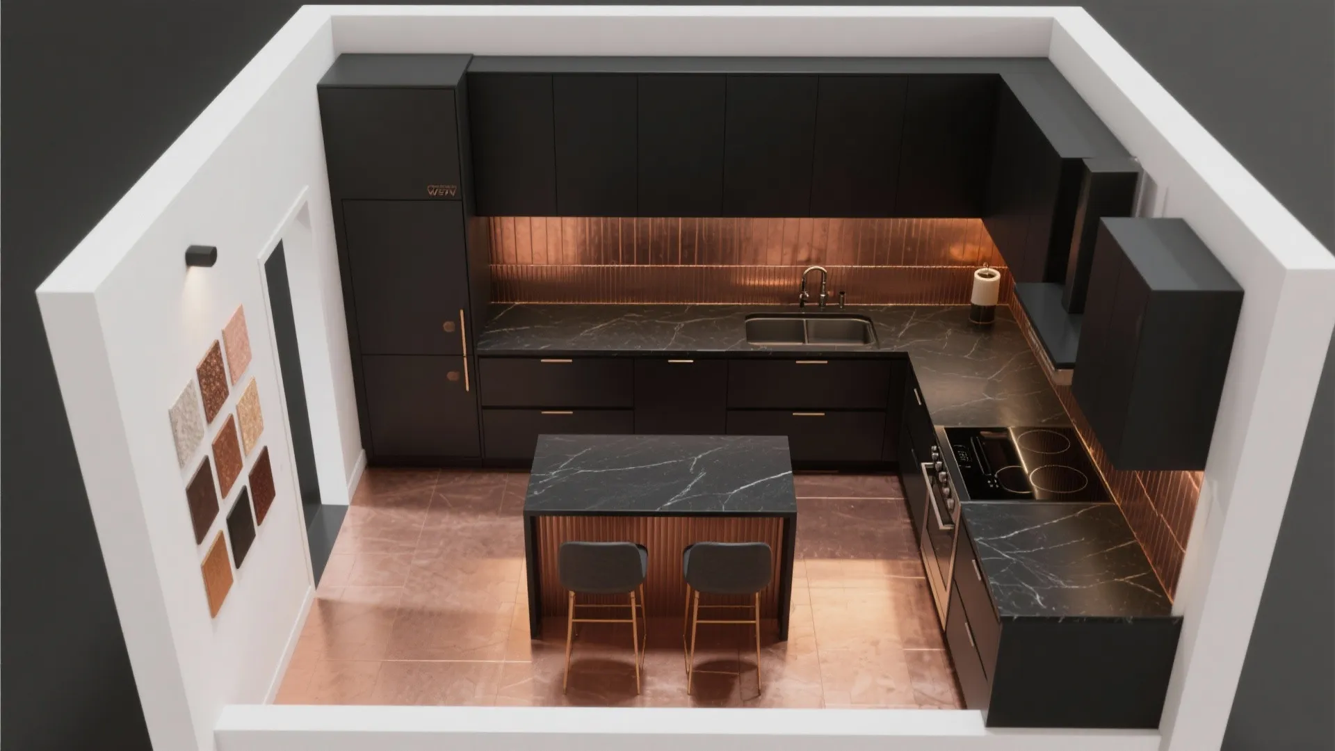 Modern kitchen room layout design with black cabinets copper backsplash island table and stools view