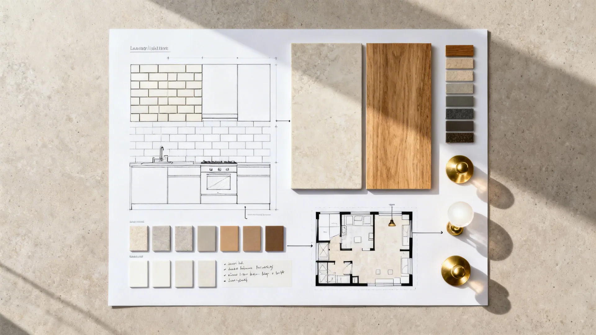 Top-down concept board with white tile layouts, grout swatches, lighting notes, and a small kitchen plan.
