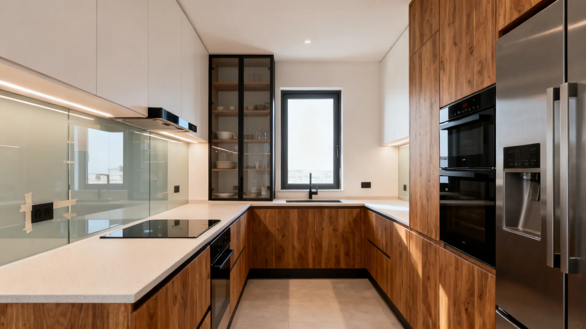 Modern U-shaped kitchen featuring wooden cabinets white upper units white countertops and black kitchen appliances