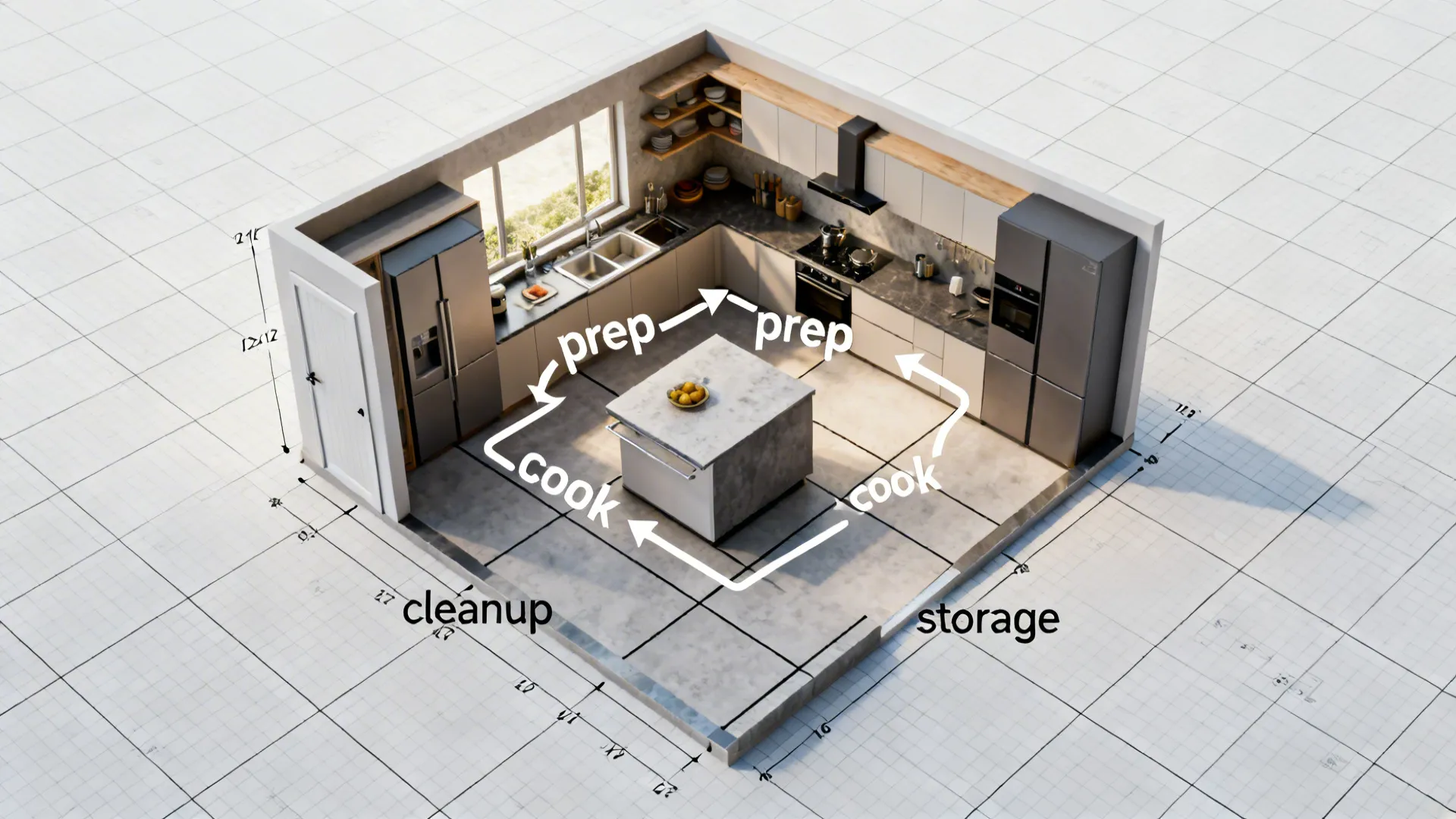 Top-down 12x12 kitchen mockup with zones and circulation arrows for quick planning.