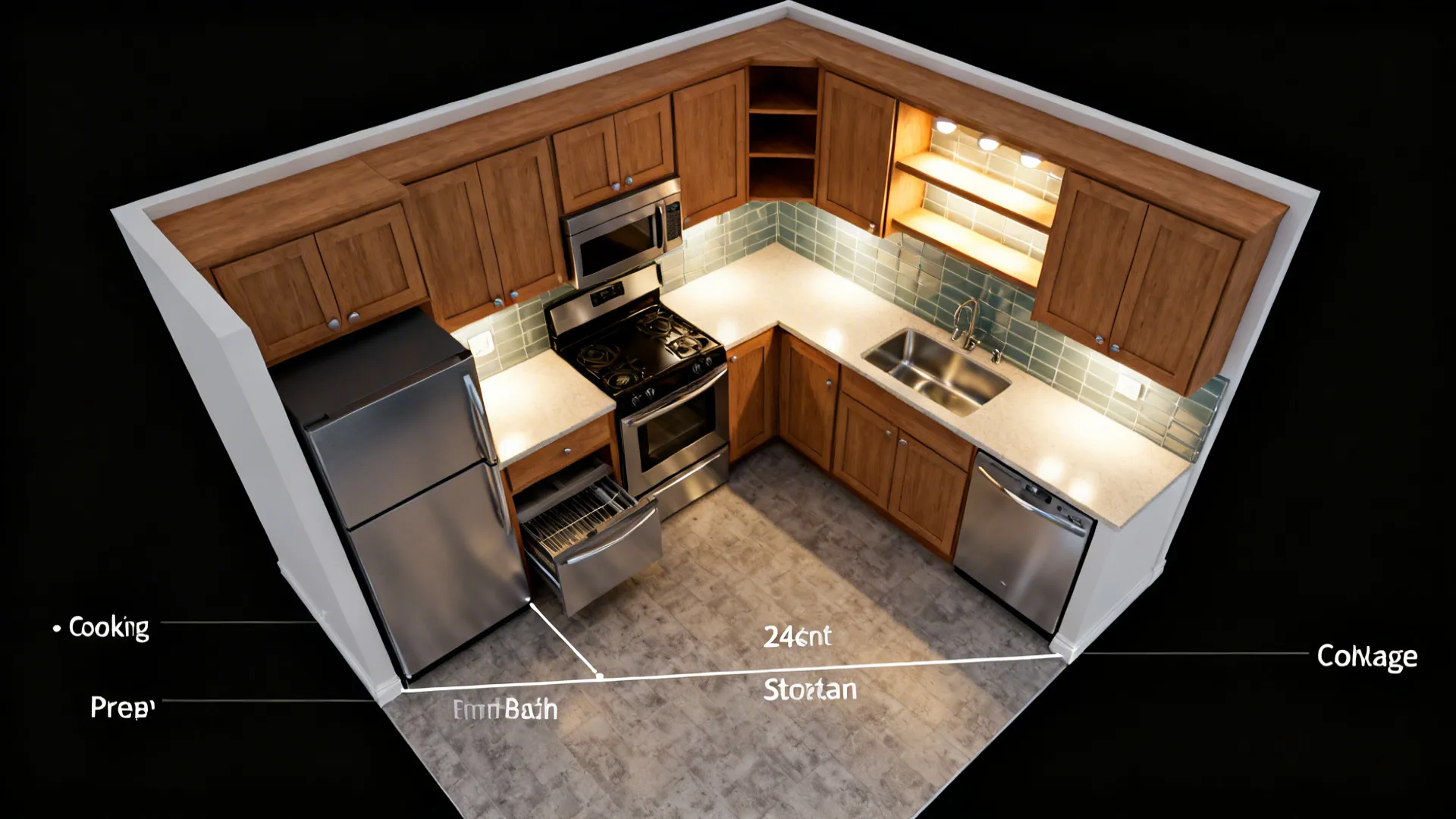Top-down L-shaped small kitchen plan integrating zones, compact triangle, right-sized appliances, and lighting.