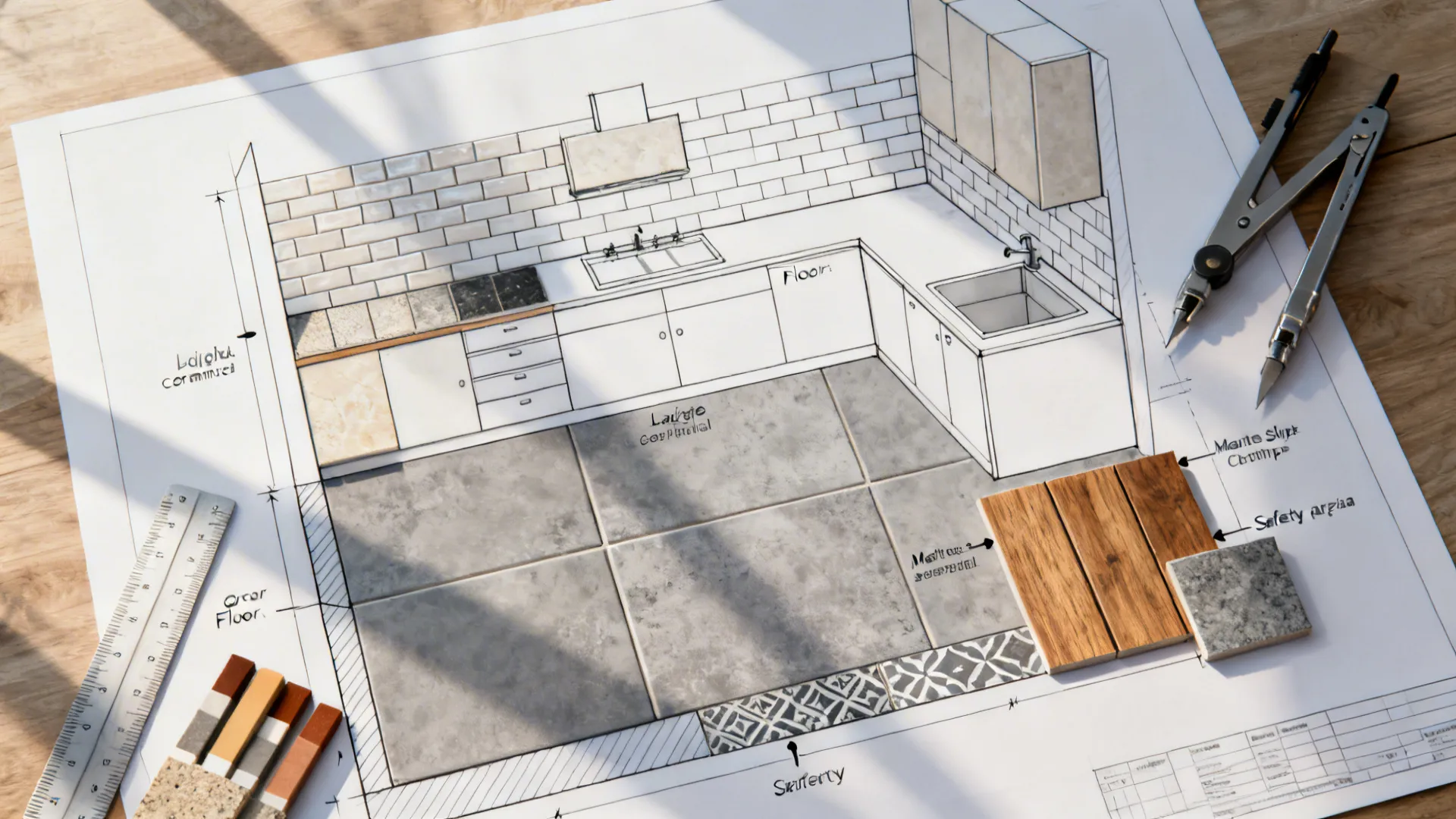 Top-down kitchen plan with labeled tile zones and coordinated samples for backsplash, floor, and safety.