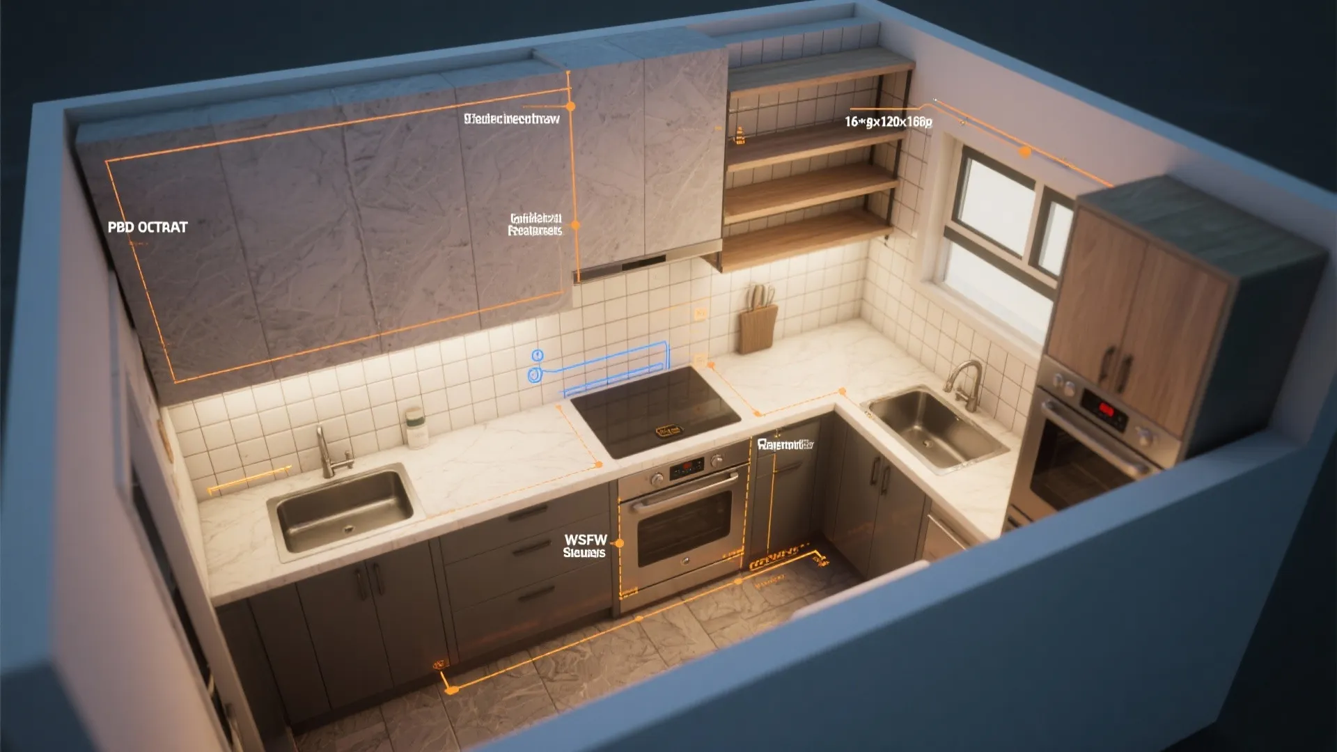 Top-down layout of a small galley kitchen showing tile placement and sightlines for planning
