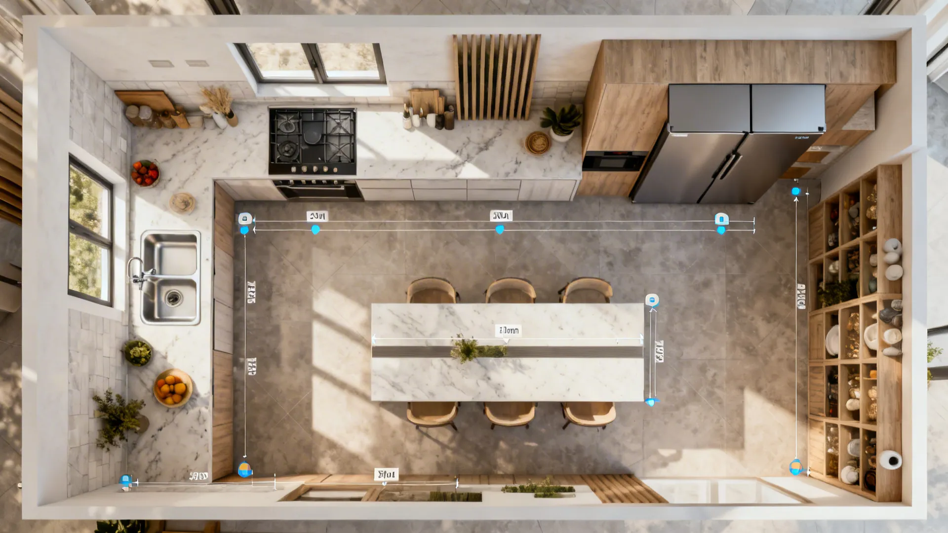 Top-down rendered plan of an L-shaped kitchen highlighting work triangle, clearances, and storage zones.
