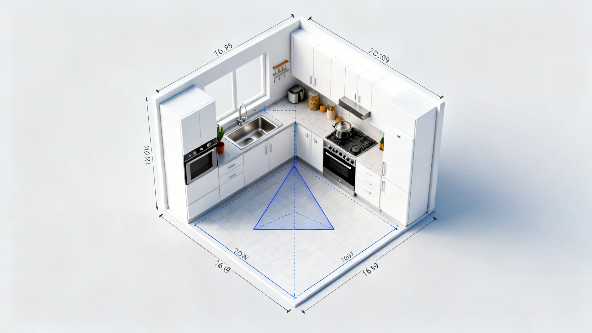 Top-down rendered kitchen layout showing clearances and workflow for a compact white kitchen
