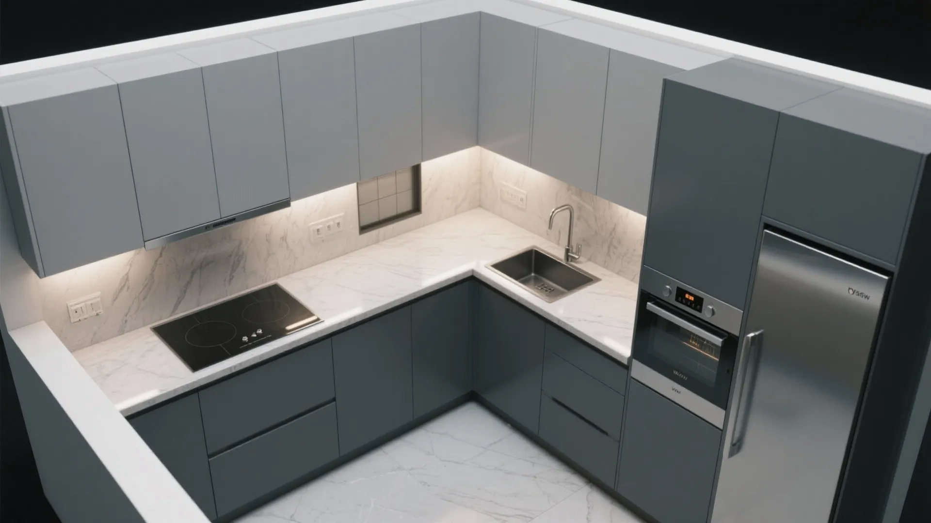 Top view interior design drawing of a modern grey kitchen with marble countertop and sink