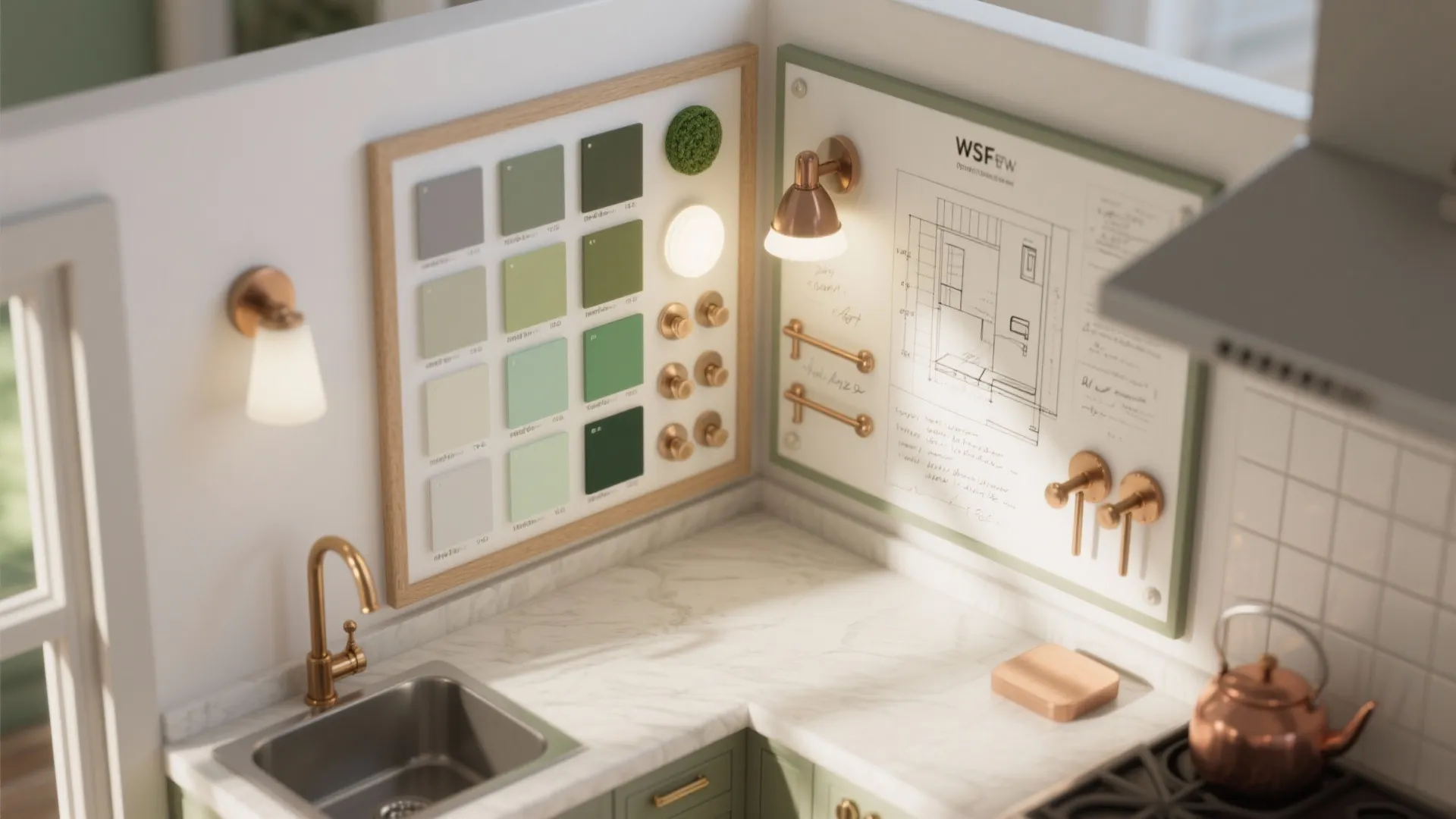 Kitchen design mood board with green color samples and architectural drawings on a white wall