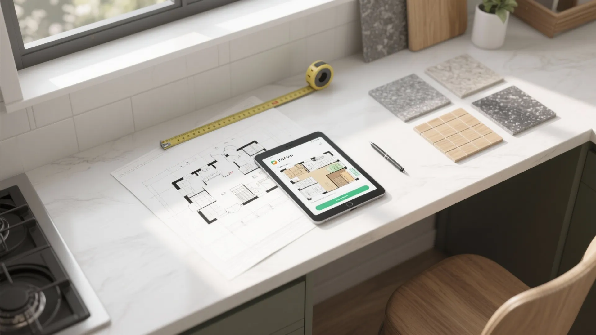 Top-down view of a kitchen planning desk with floorplan, tablet and material samples.