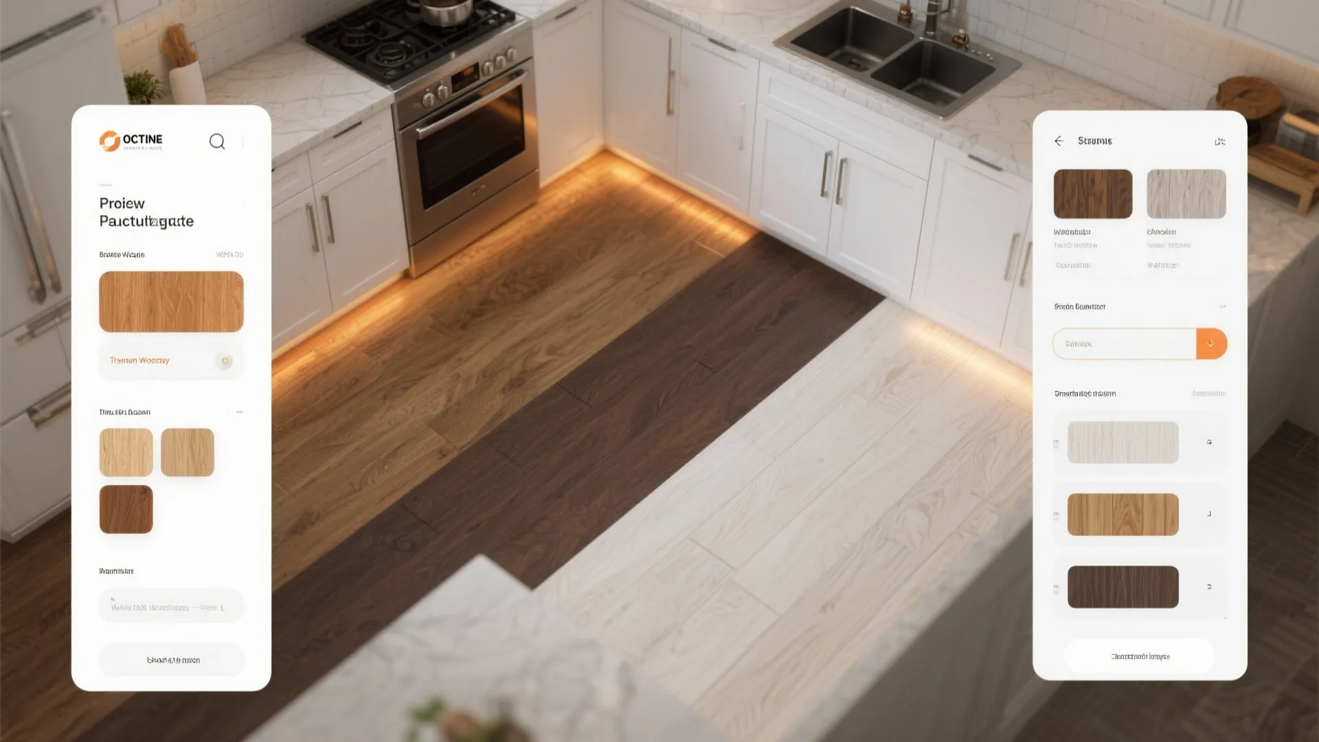 Mobile app mockup showing different wood flooring options for a white modern kitchen design layout