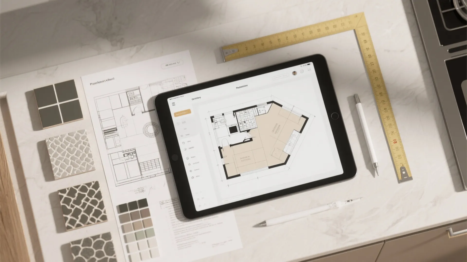 Top-down view of kitchen planning tools including a tablet with a layout, tile samples and sketches.