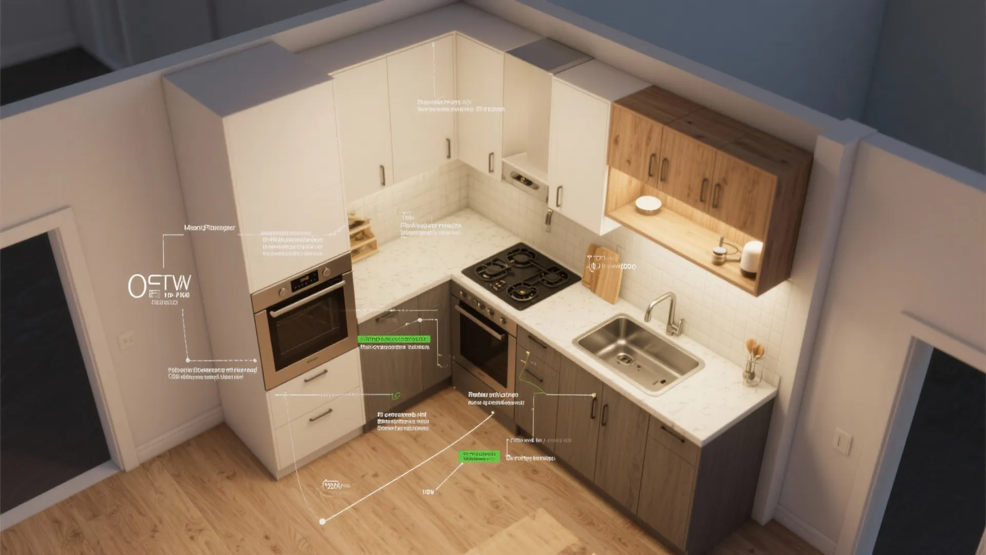 Coohom kitchen planner tool showing a detailed layout with white cabinets and wooden storage units