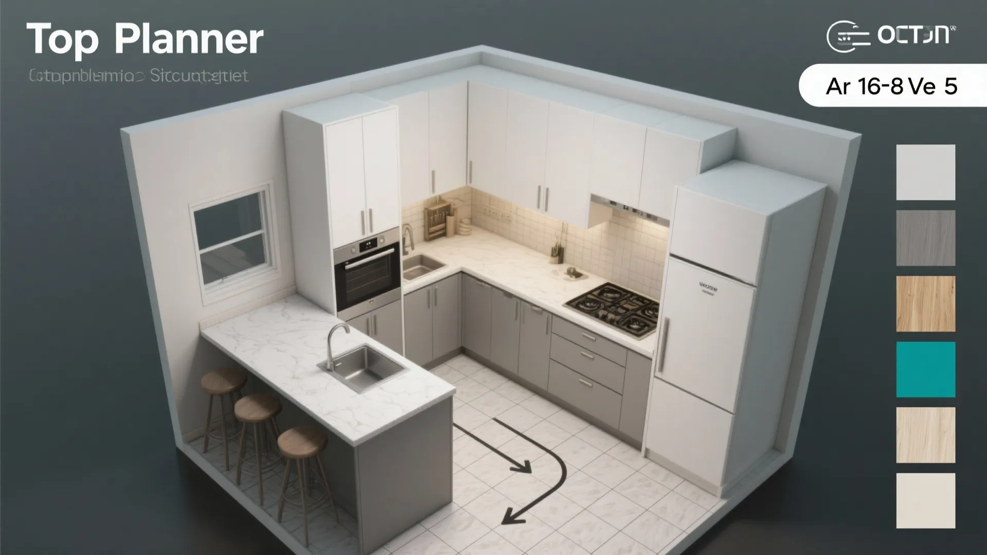 Top-down mockup of a tiny kitchen layout with cabinet runs, island positions, and material swatches.