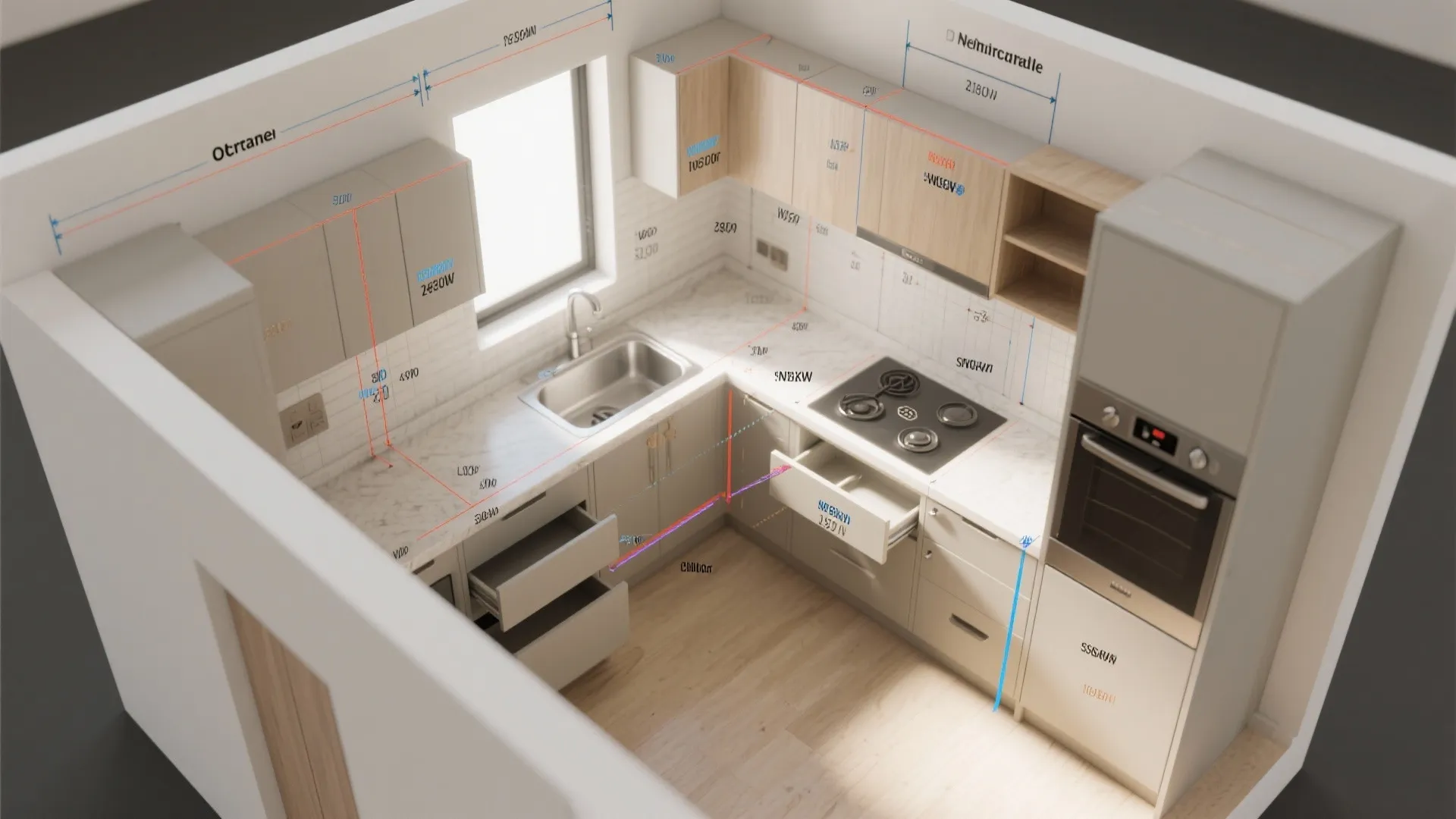 Top-down 3D planner view showing cabinet depths, clearances and drawer swings for a small kitchen